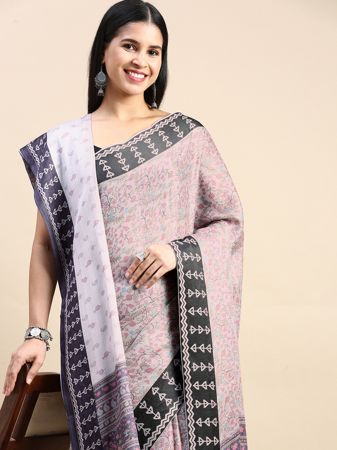 

Mitera Floral Printed Pashmina Saree, Grey