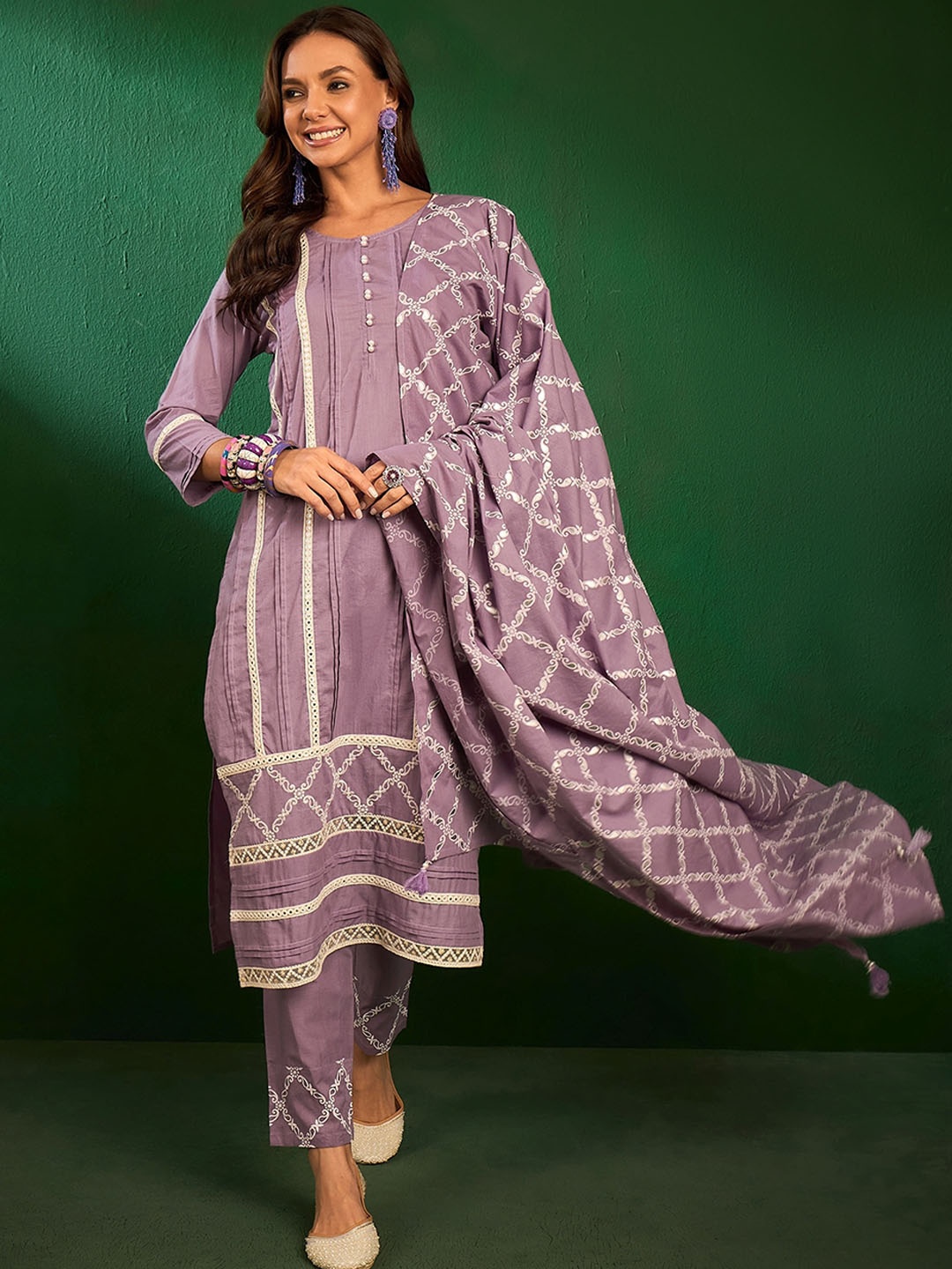 

Sangria Embroidered Lace Detail Pure Cotton Straight Kurta With Trouser & Dupatta, Purple