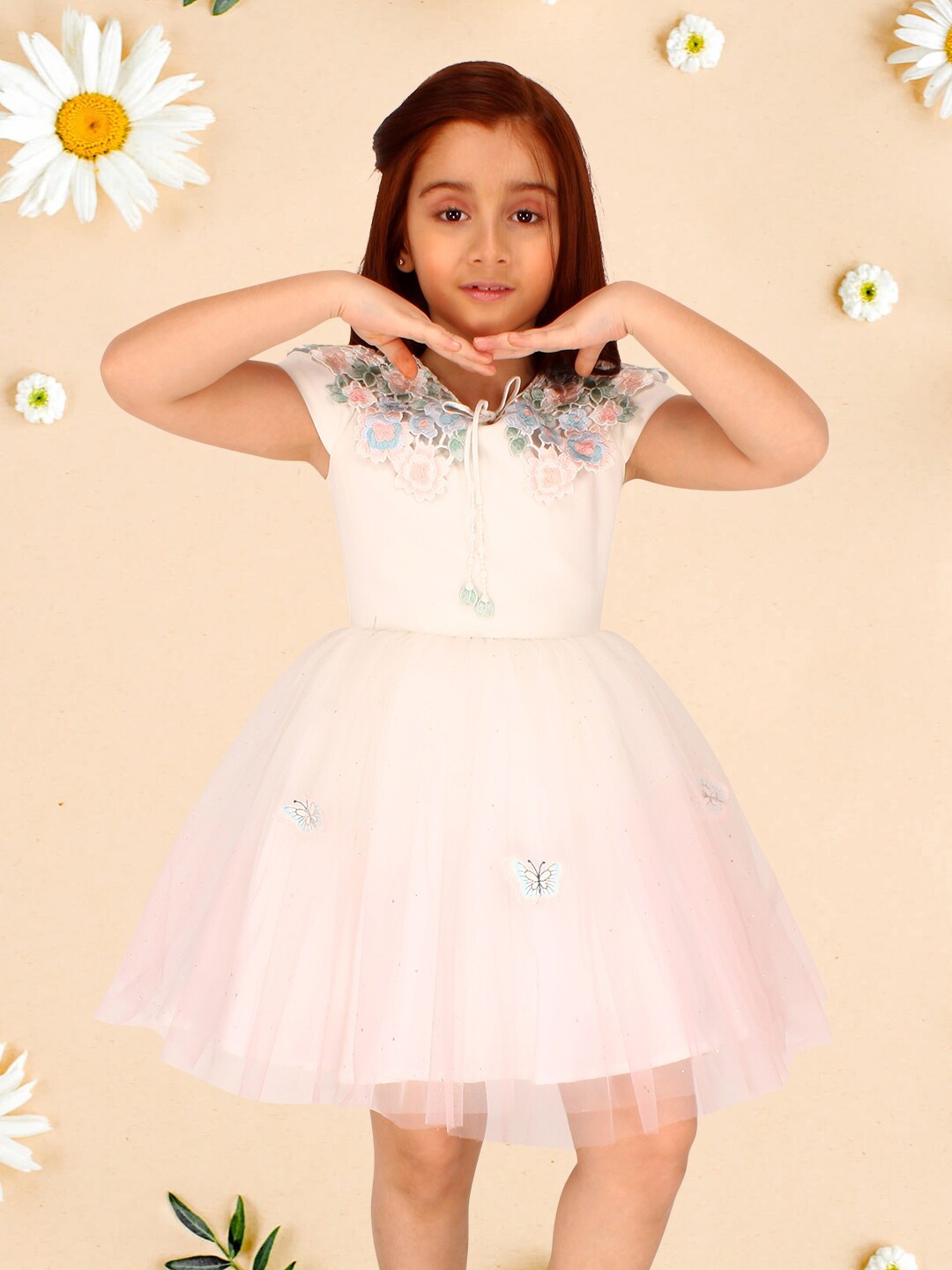 CUTECUMBER Girls Floral Peter Pan Collar Georgette Fit & Flare Dress, White