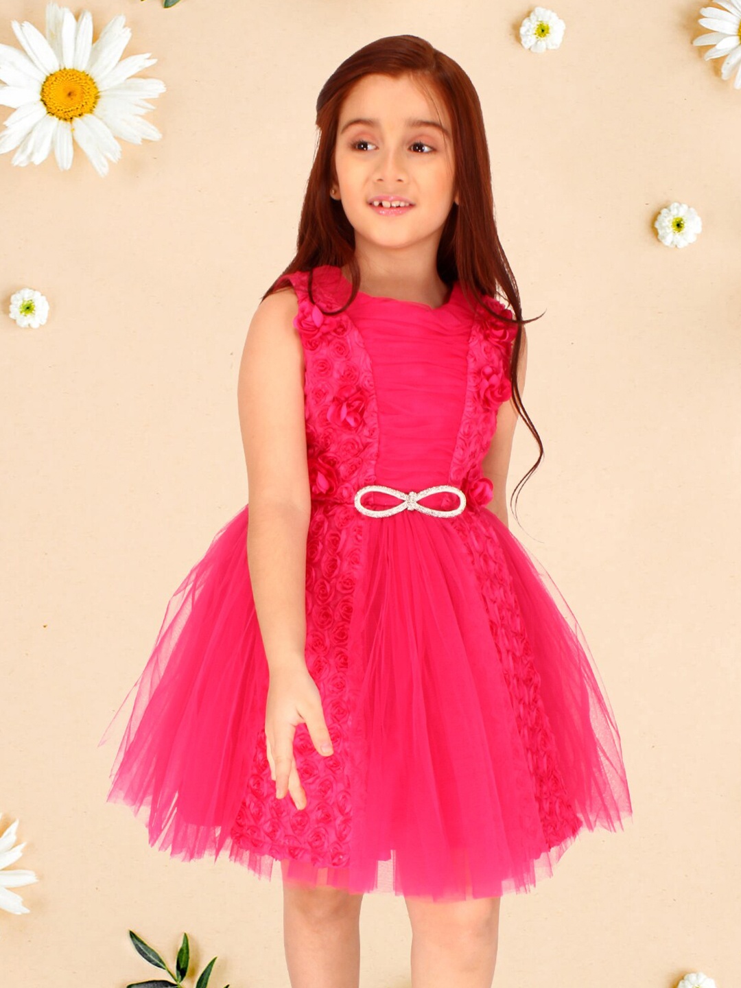

CUTECUMBER Girls Round Neck Corsage Fit & Flare Dress, Fuchsia