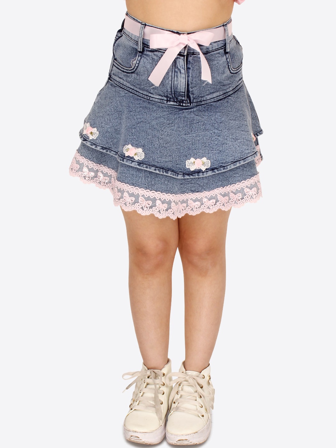 

CUTECUMBER Girls Lace Inserts Detailed A-line Skirt, Blue