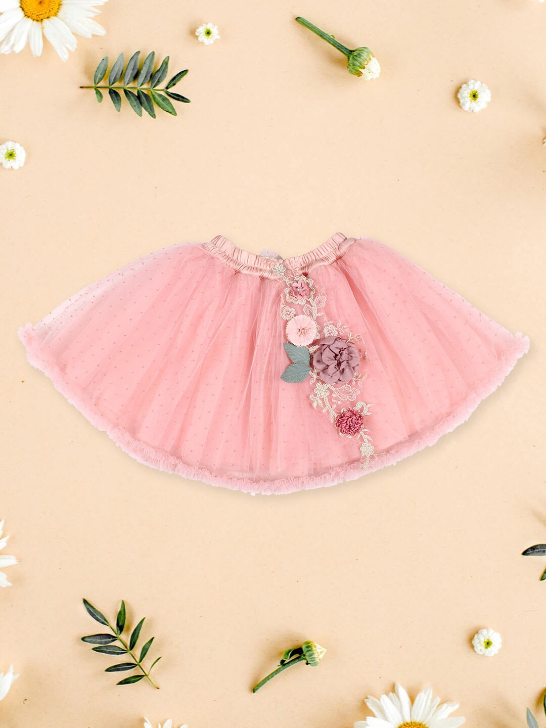 

CUTECUMBER Girls Embroidered Gathered Detailed Net Flared Skirt, Peach