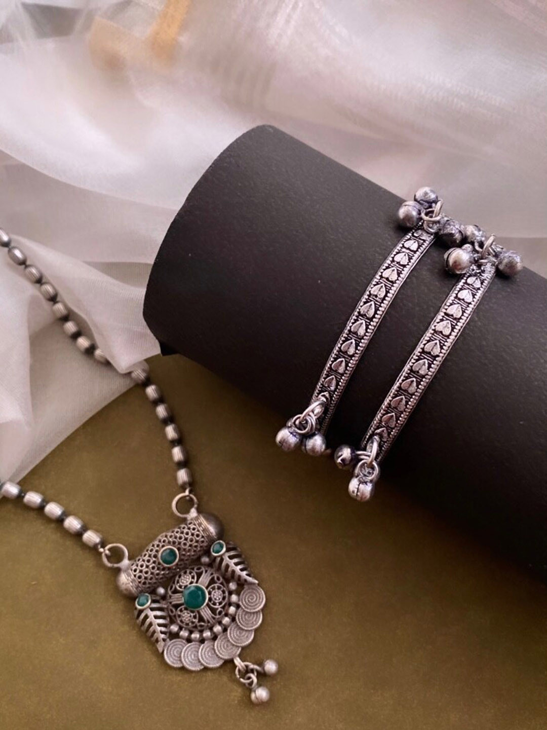 

ATIBELLE German Silver-Plated Stone-Studded Floral Shaped Bangle & Necklace
