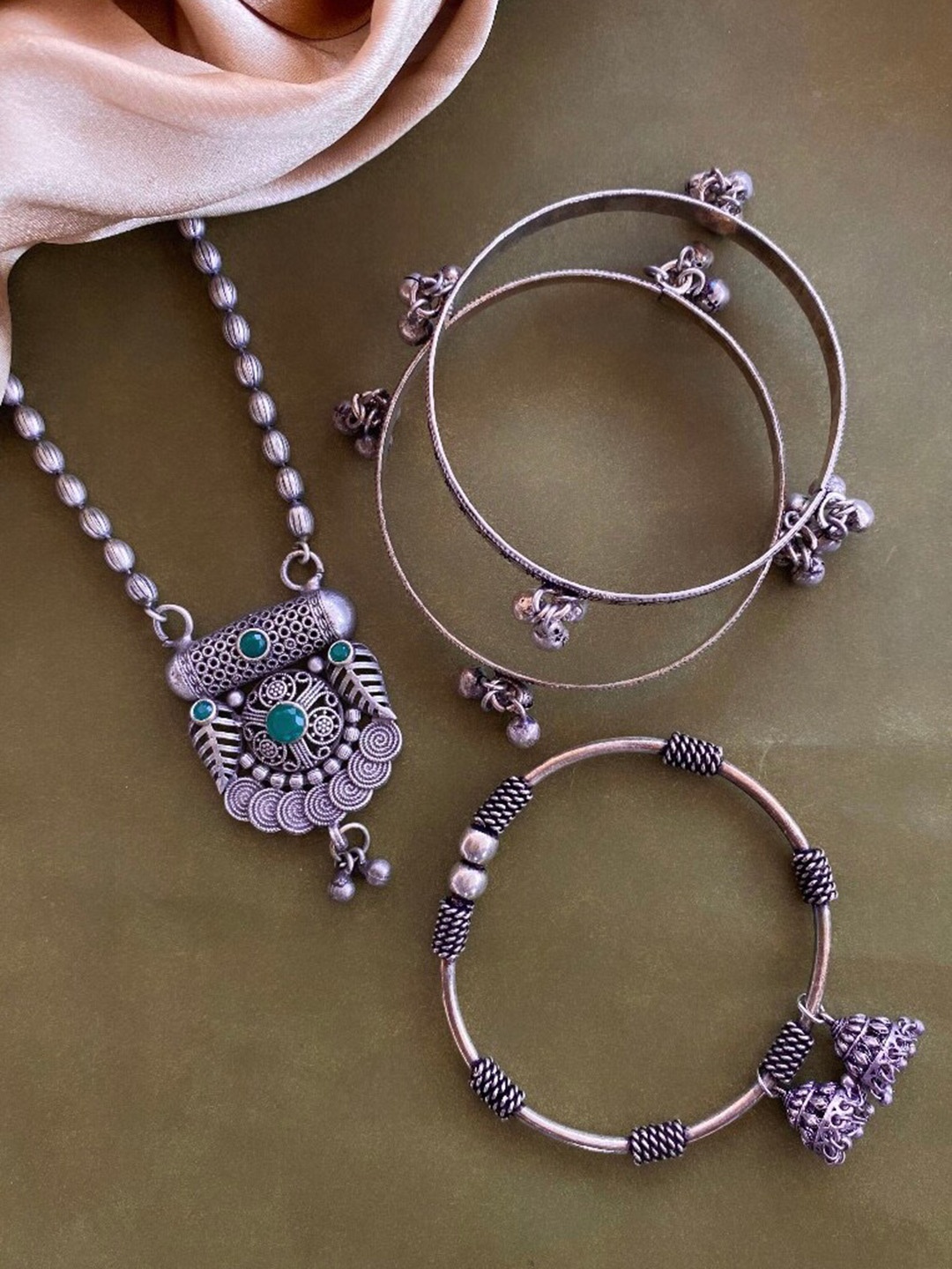 

ATIBELLE German Silver-Plated Stone-Studded Floral Shaped Bangle & Necklace