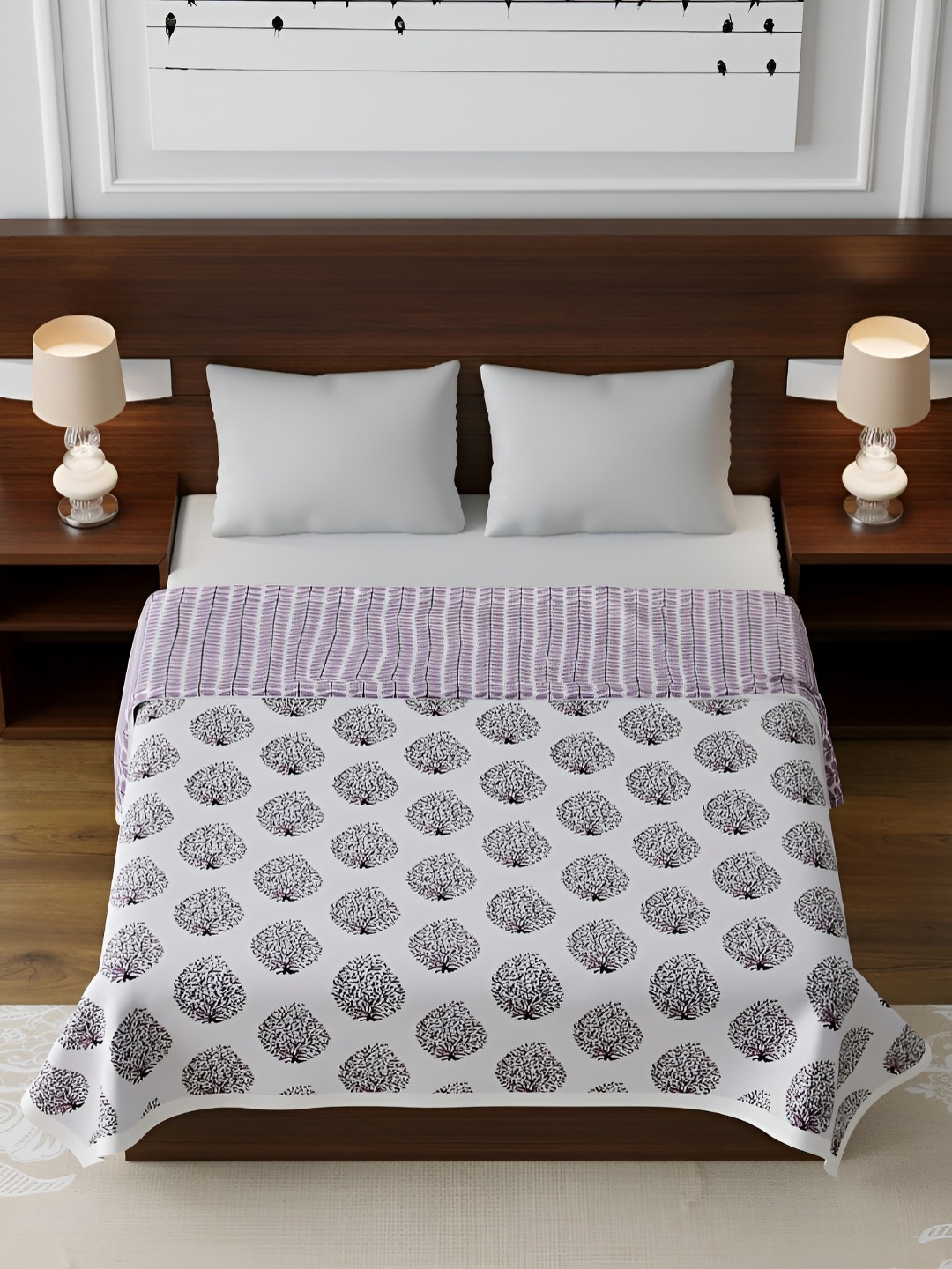 

CHICERY Purple & White Floral Cotton AC Room 210 GSM Single Bed Dohar