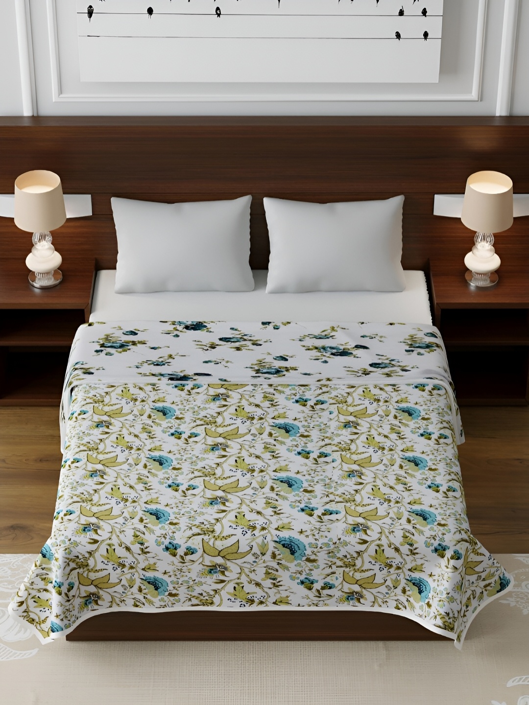 

CHICERY White & Navy Blue Floral Cotton AC Room 210 GSM Double Bed Dohar