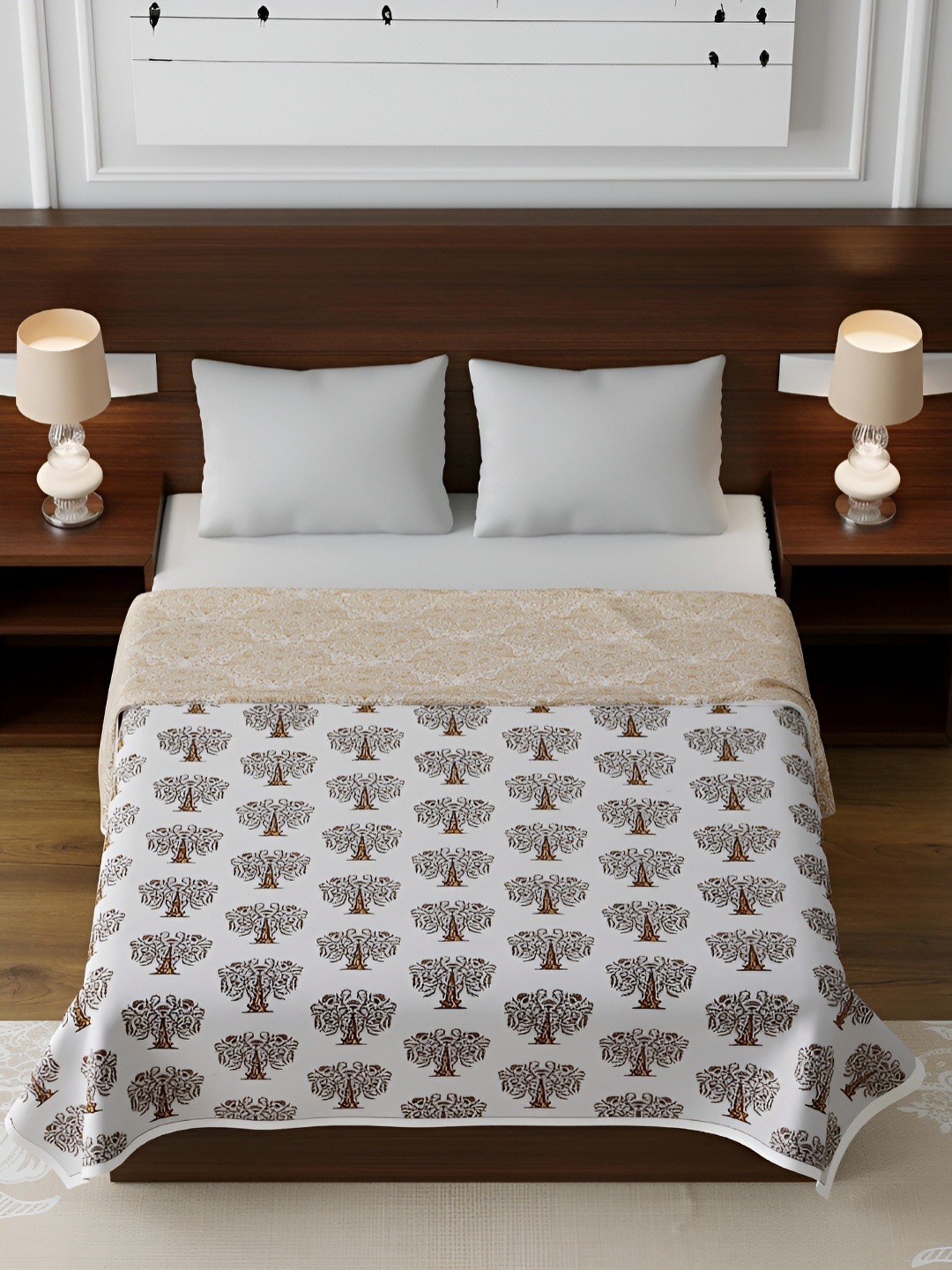 

CHICERY Gold-Toned & White Floral Cotton AC Room 210 GSM Single Bed Dohar