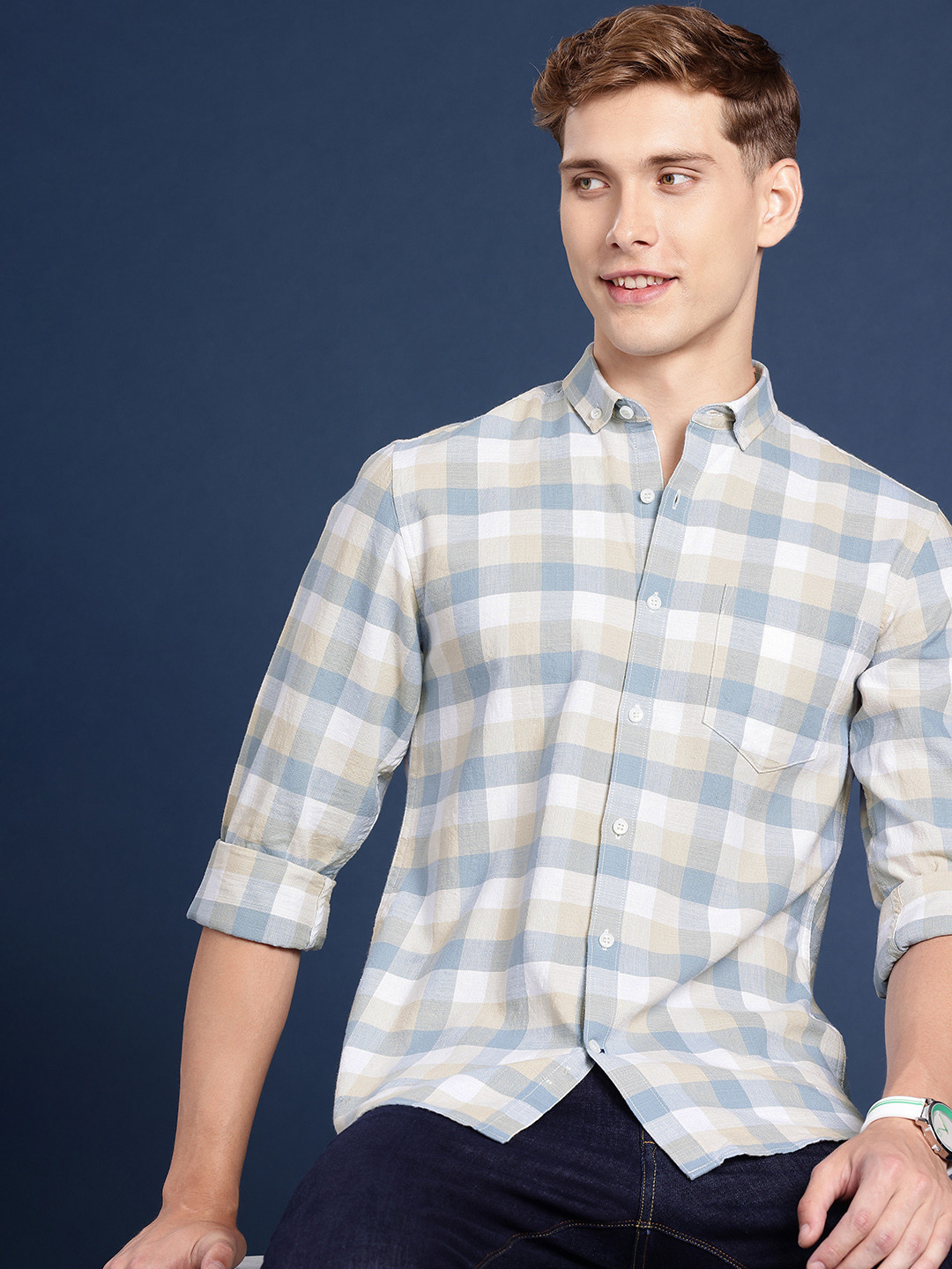 

Mast & Harbour Men Standard Checked Casual Shirt, Blue