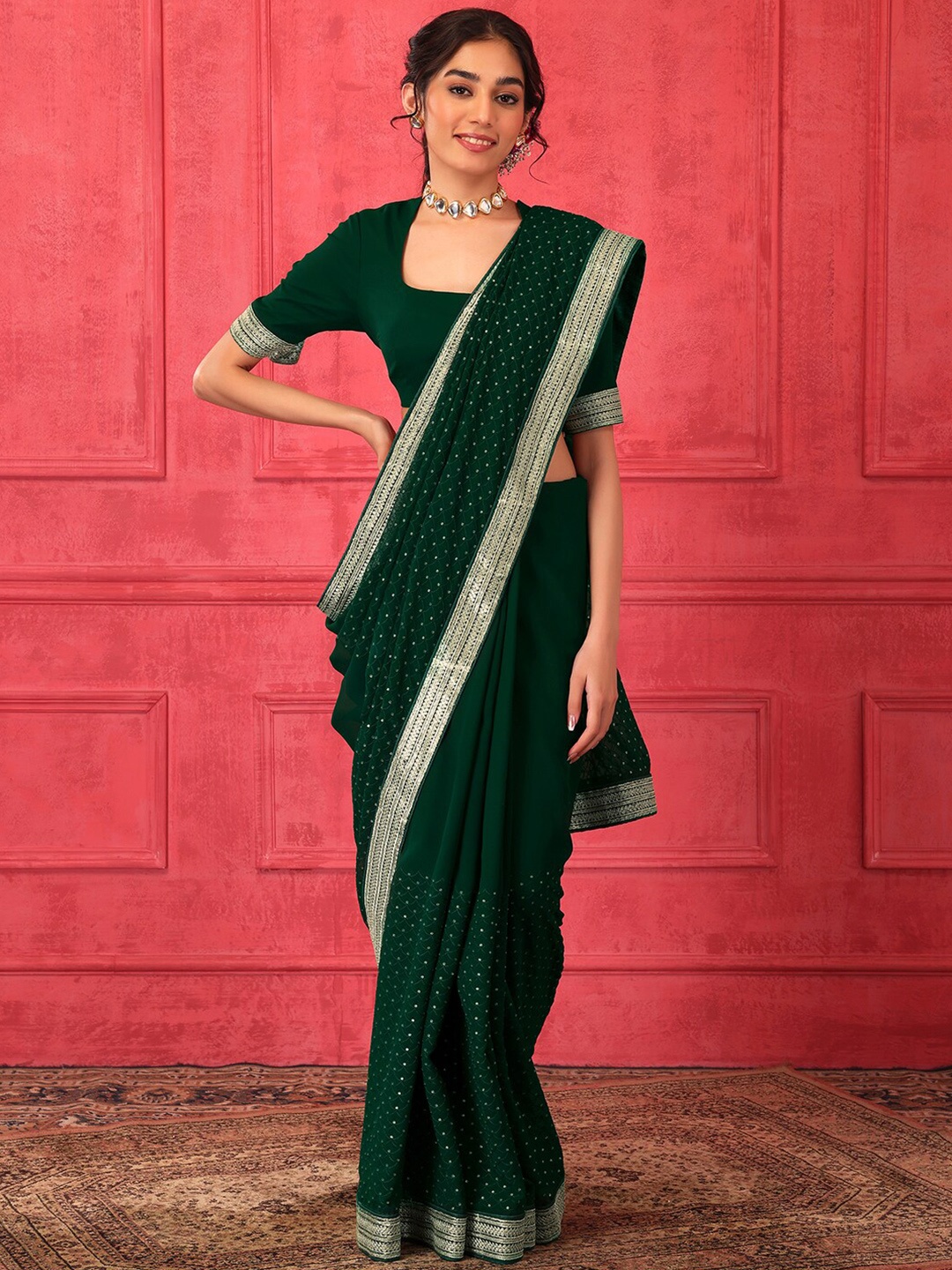 

Indya Luxe Embellished Sequinned Ready To Wear Saree, Green