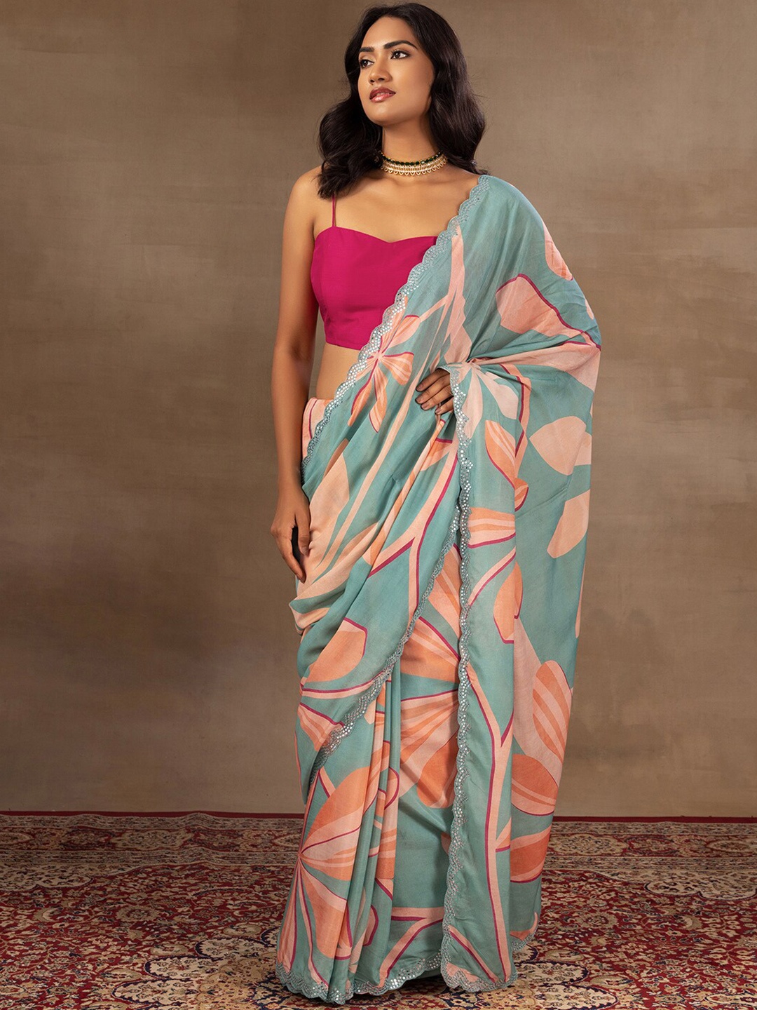 

Indya Luxe Floral Printed Mirror Work Satin Ready To Wear Saree, Green