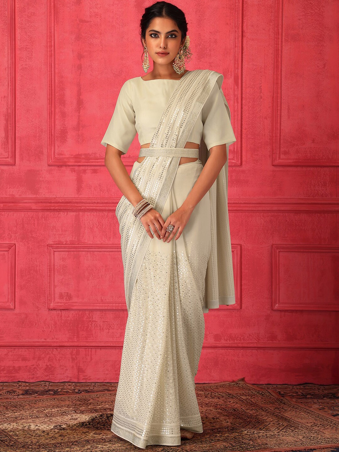 

Indya Luxe Embellished Ready To Wear Saree, White