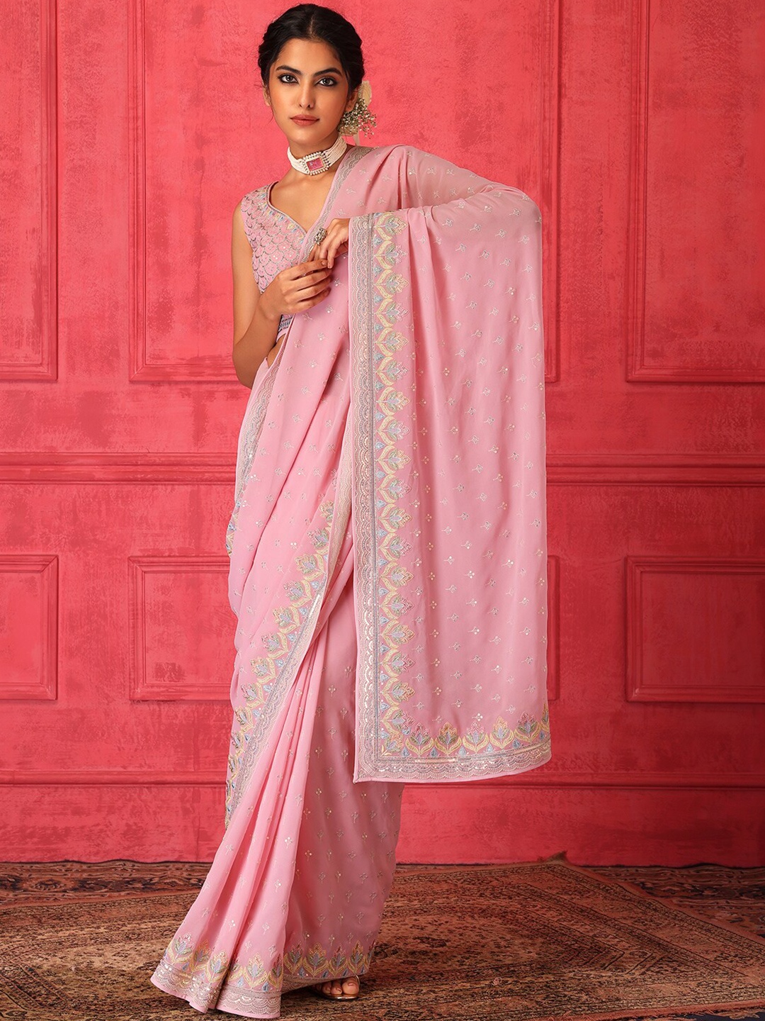 

Indya Luxe Ethnic Motifs Embroidered Poly Georgette Saree, Pink