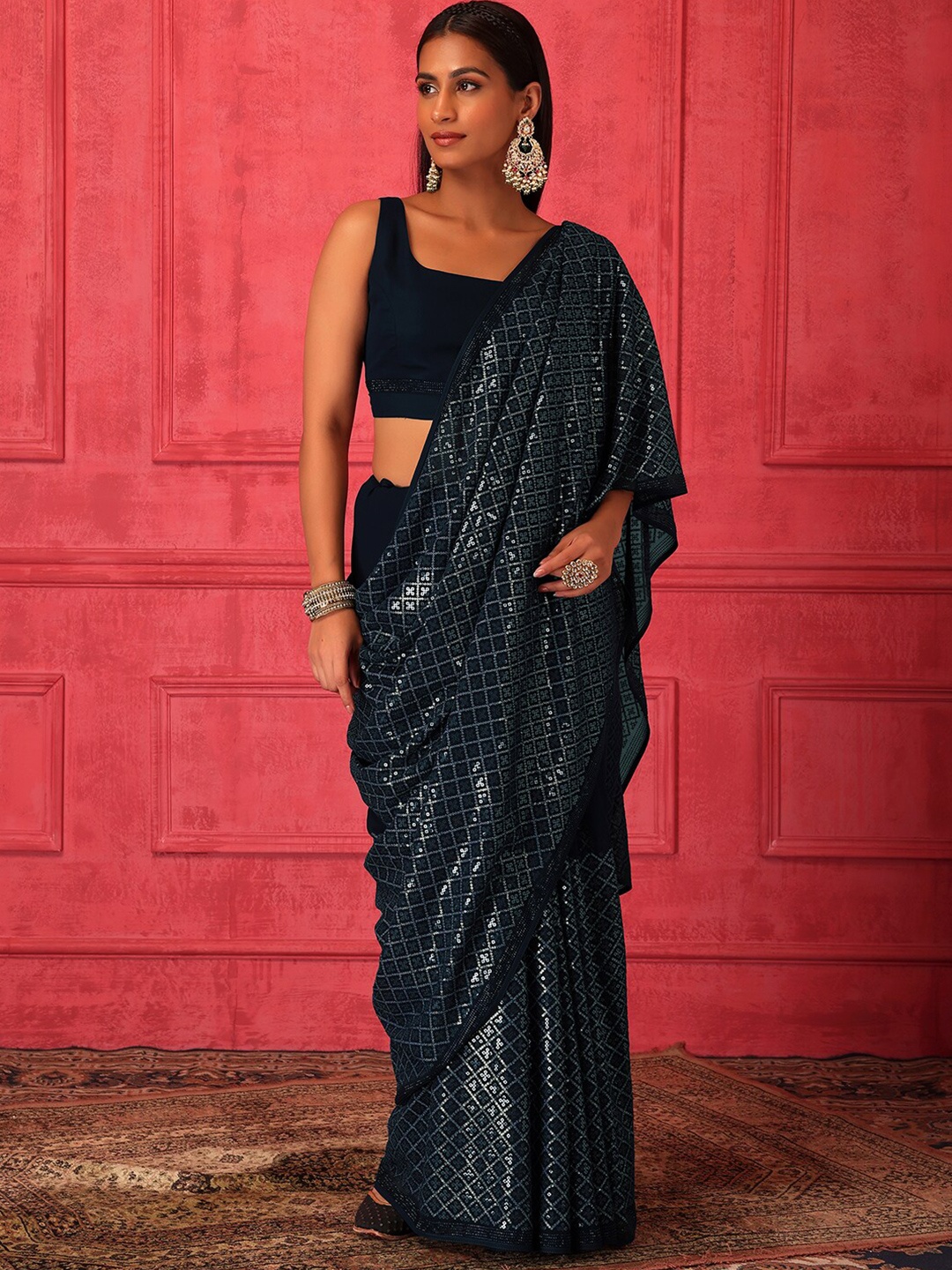 

Indya Luxe Embellished Sequinned Ready To Wear Saree, Navy blue