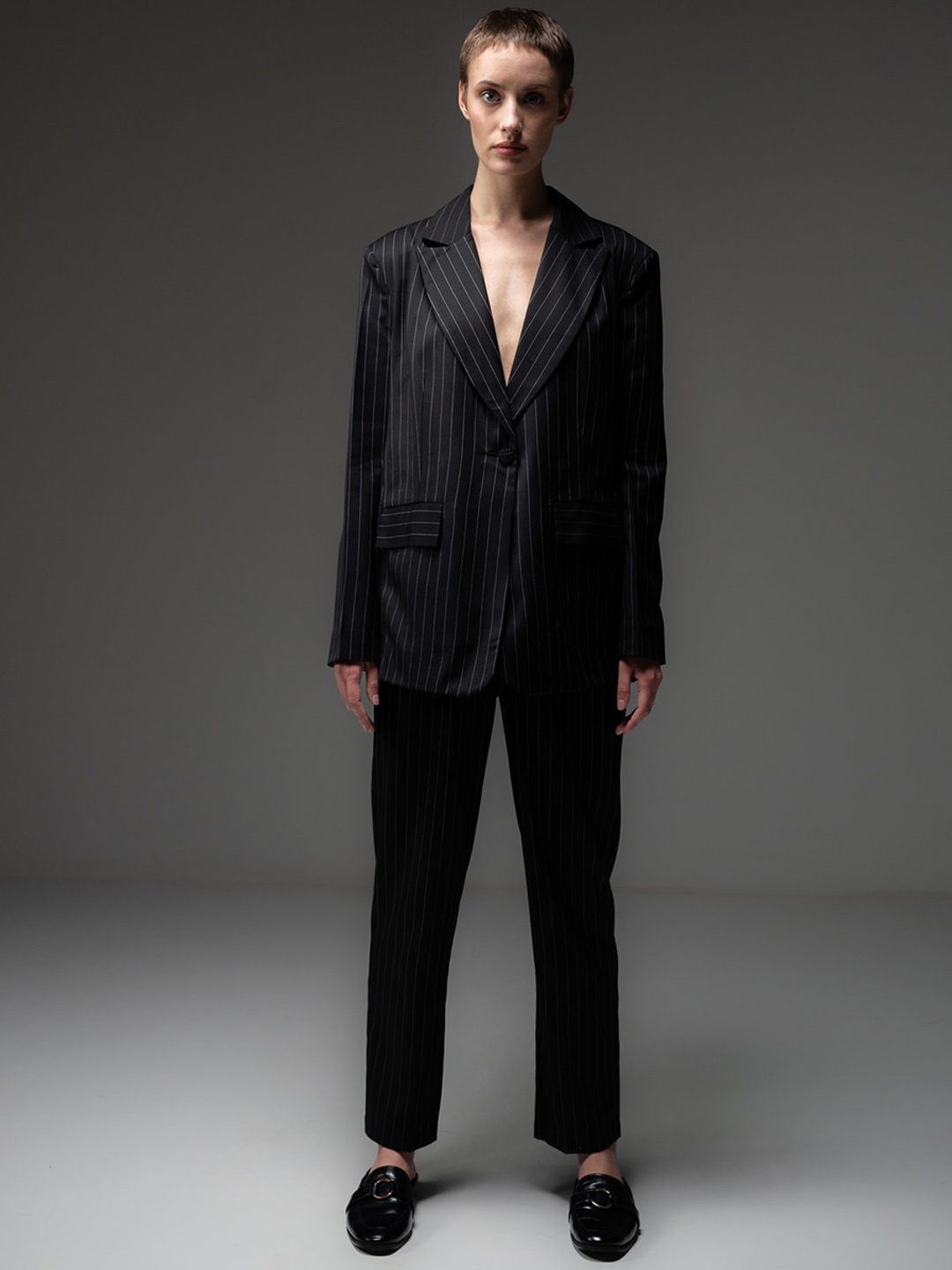 

SOTBELLA Women Striped Cotton Notched Lapel Collar Single Breasted Blazer, Black