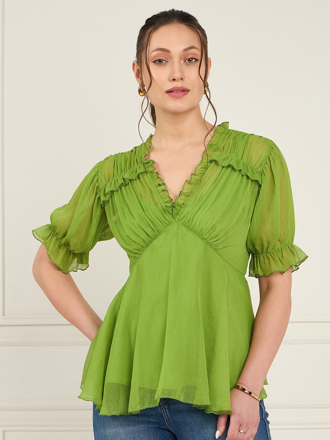 

Antheaa Puff Sleeve Chiffon Empire Top, Green