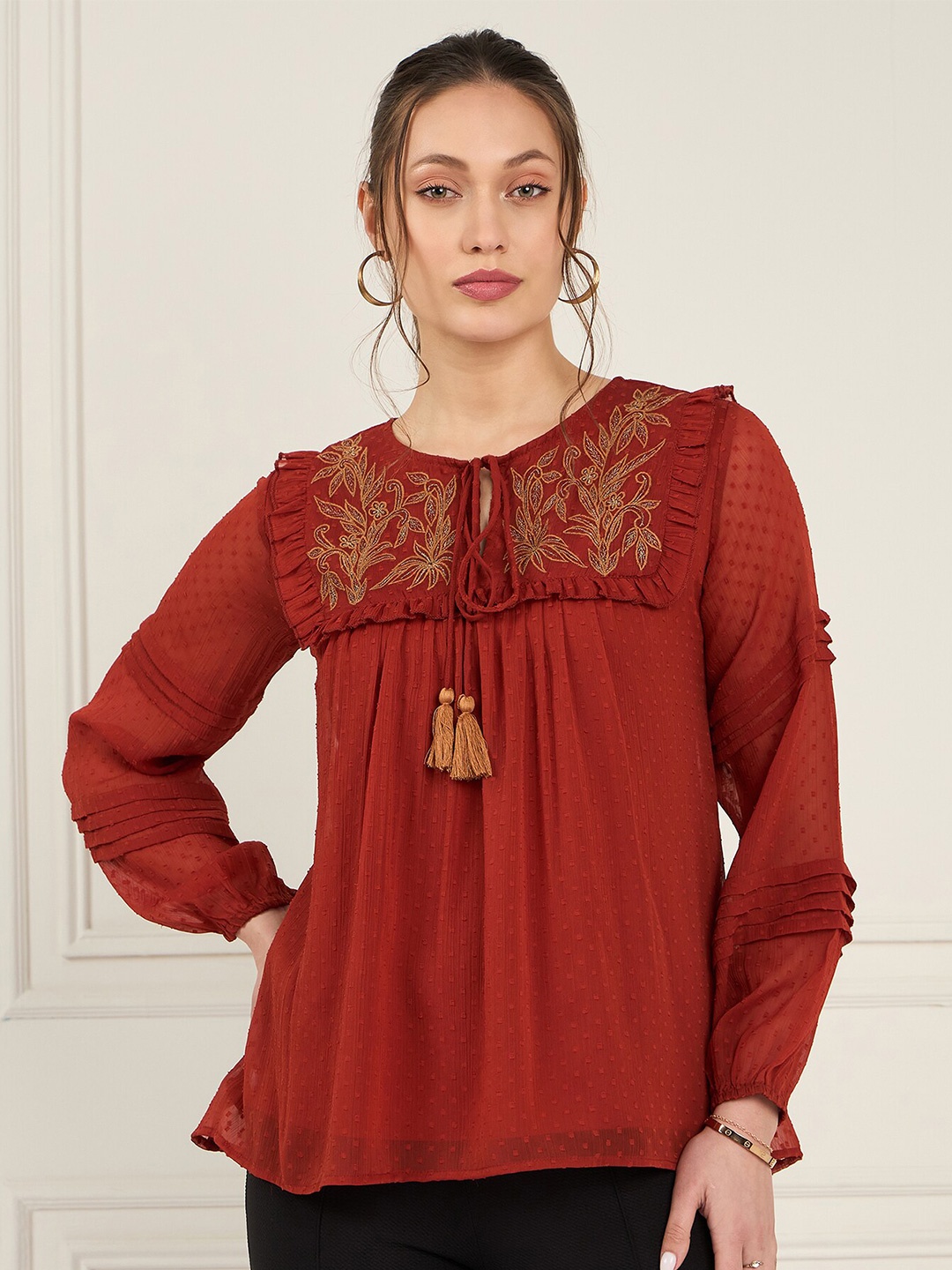 

Antheaa Tie-Up Neck Puff Sleeve Chiffon Top, Rust