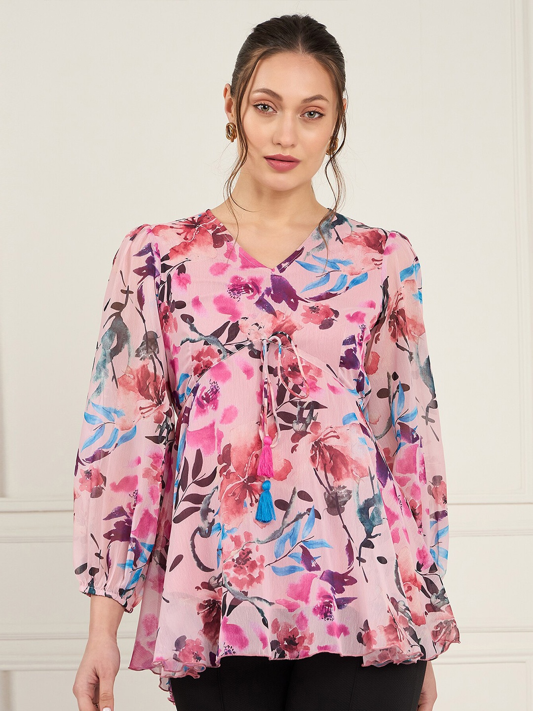 

Antheaa Floral Print Puff Sleeve Chiffon Empire Top, Pink