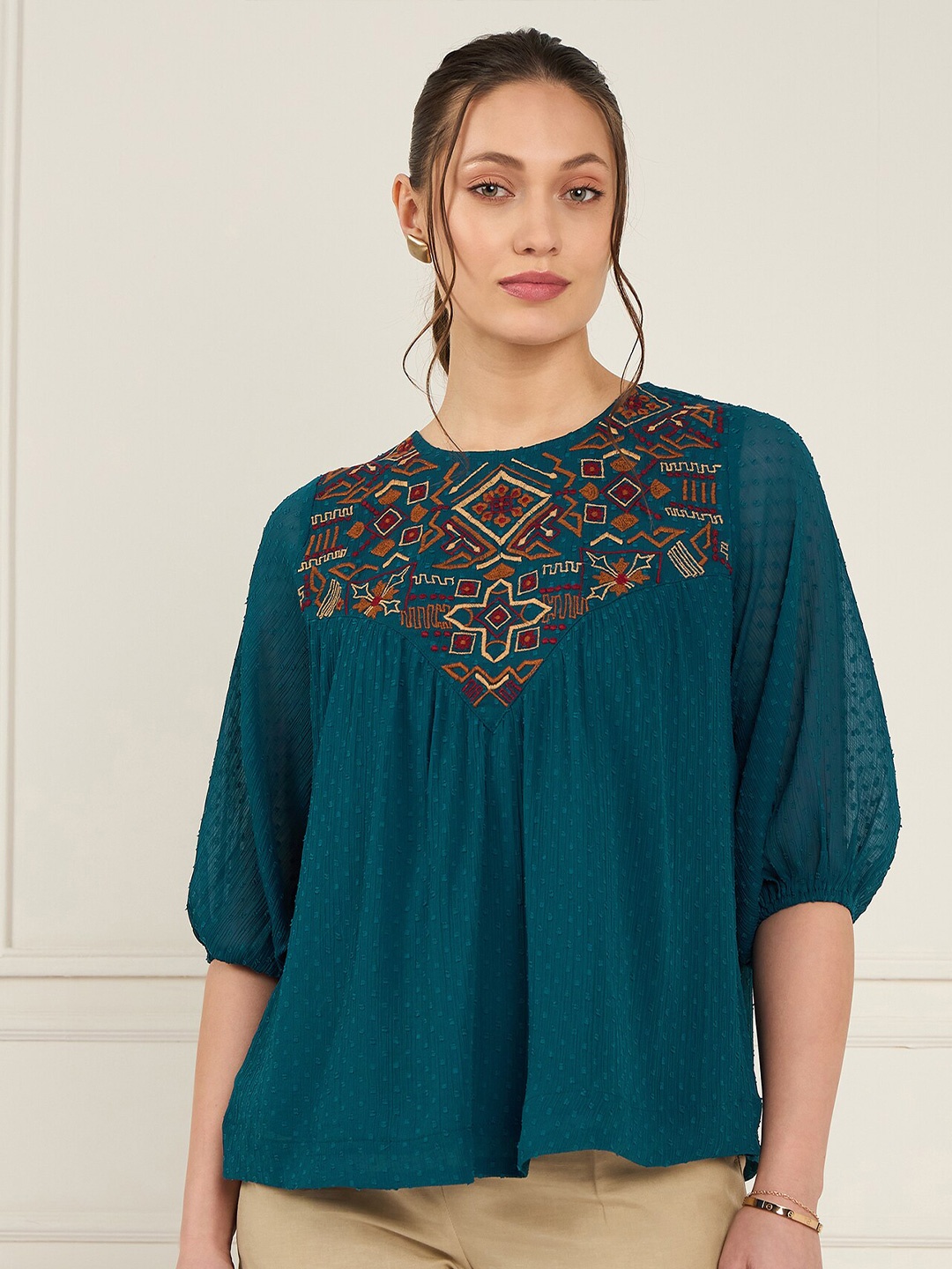 

Antheaa Embroidered Chiffon A-Line Top, Teal