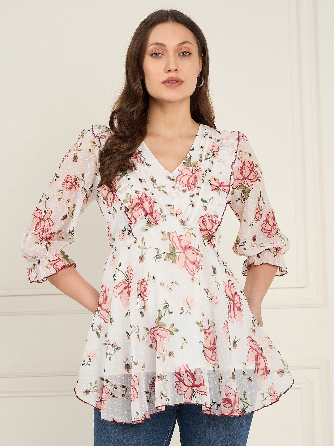 

Antheaa Floral Print Puff Sleeve Ruffles Chiffon Wrap Top, White