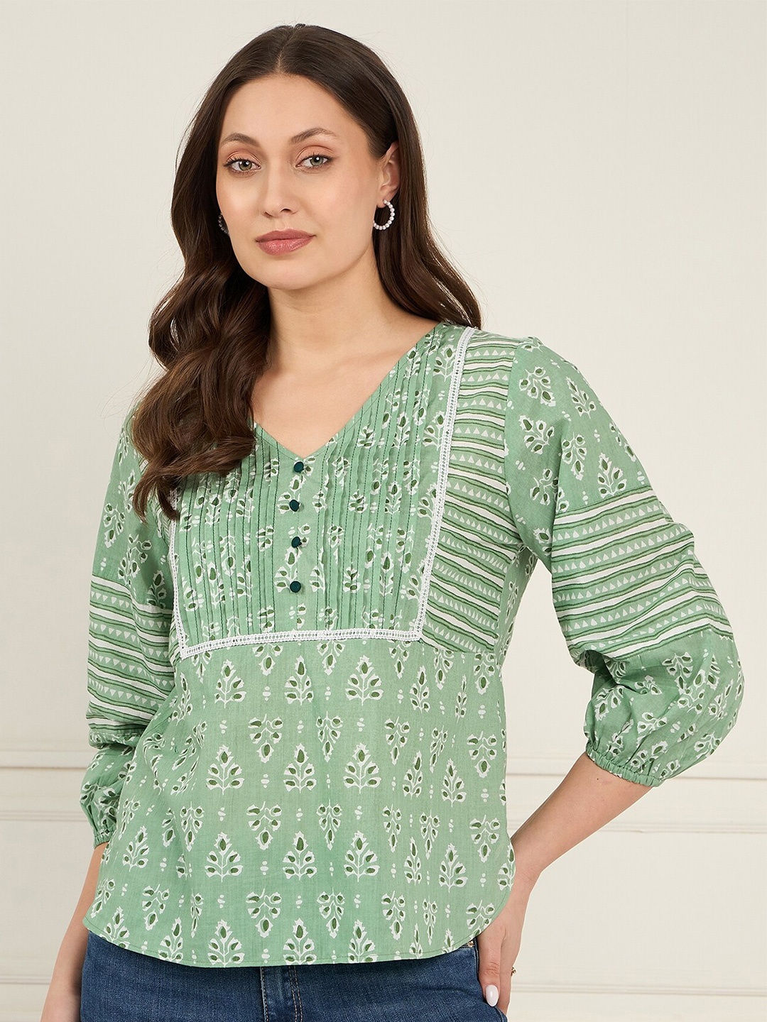 

Antheaa Print Puff Sleeve Ethnic Cotton Empire Top, Green