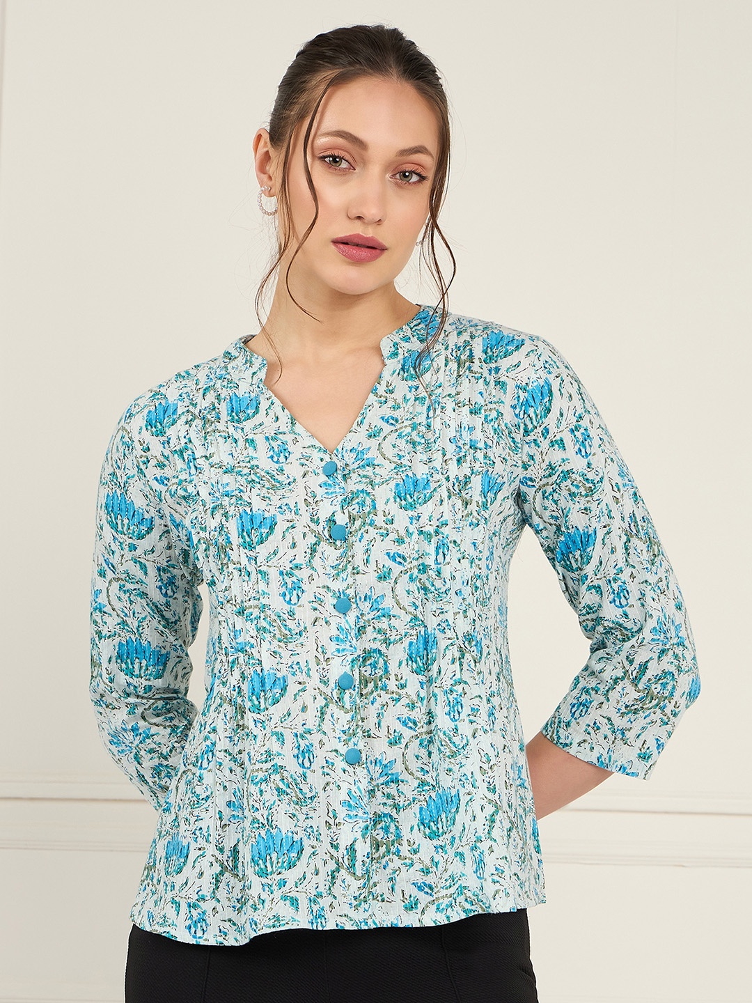 

Antheaa Floral Printed Pleated Mandarin Collar Cotton Top, Blue