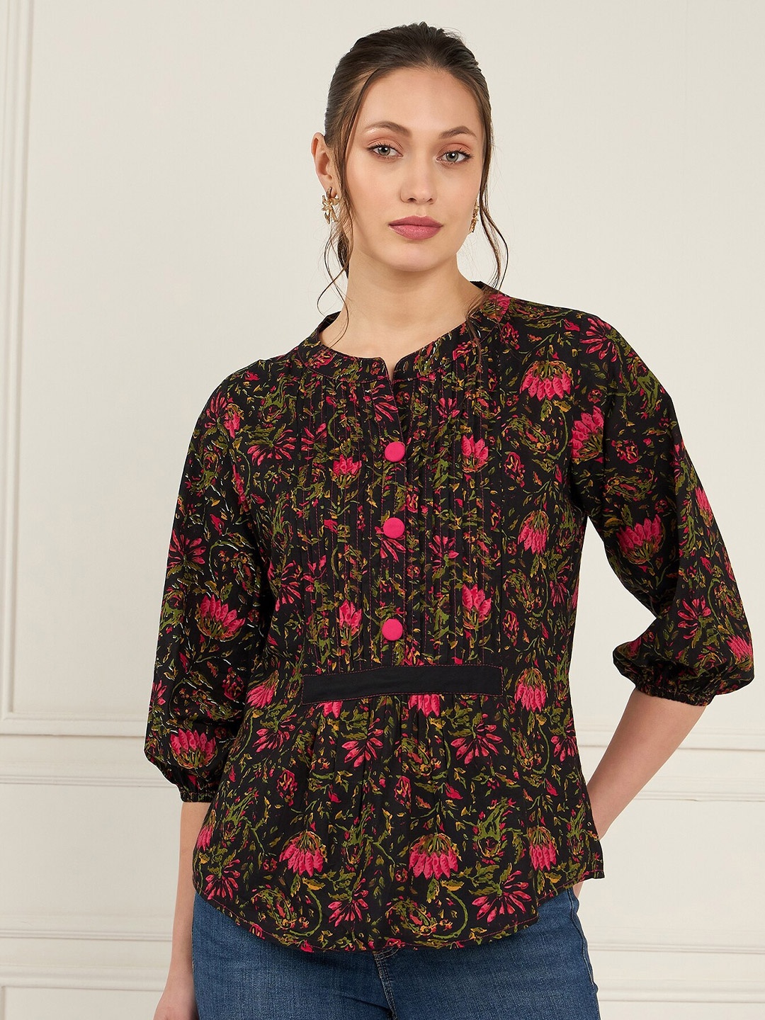 

Antheaa Floral Printed Mandarin Collar Pleated Cotton Top, Black