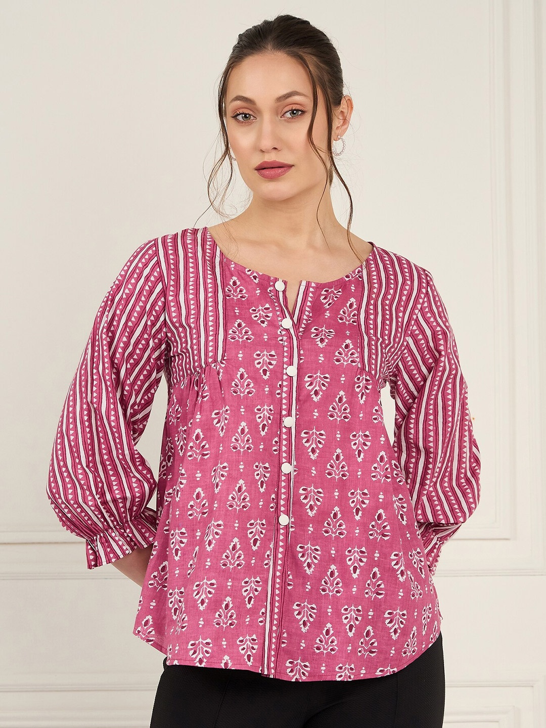 

Antheaa Ethnic Motifs Printed Round Neck Cotton Top, Pink
