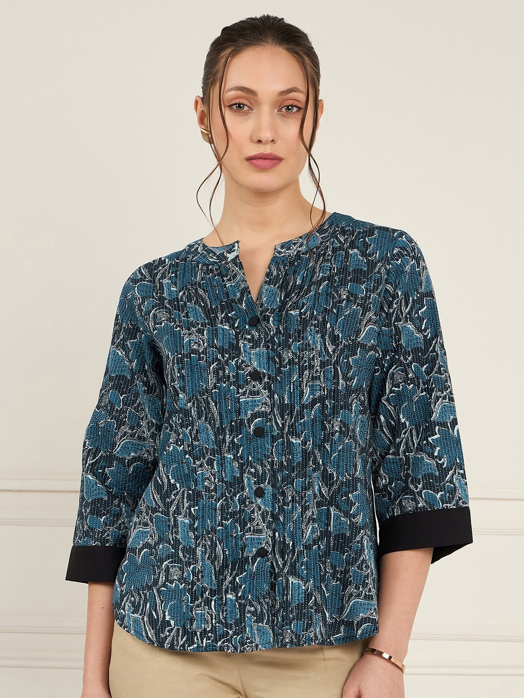 

Antheaa Floral Print Mandarin Collar Cotton Top, Blue