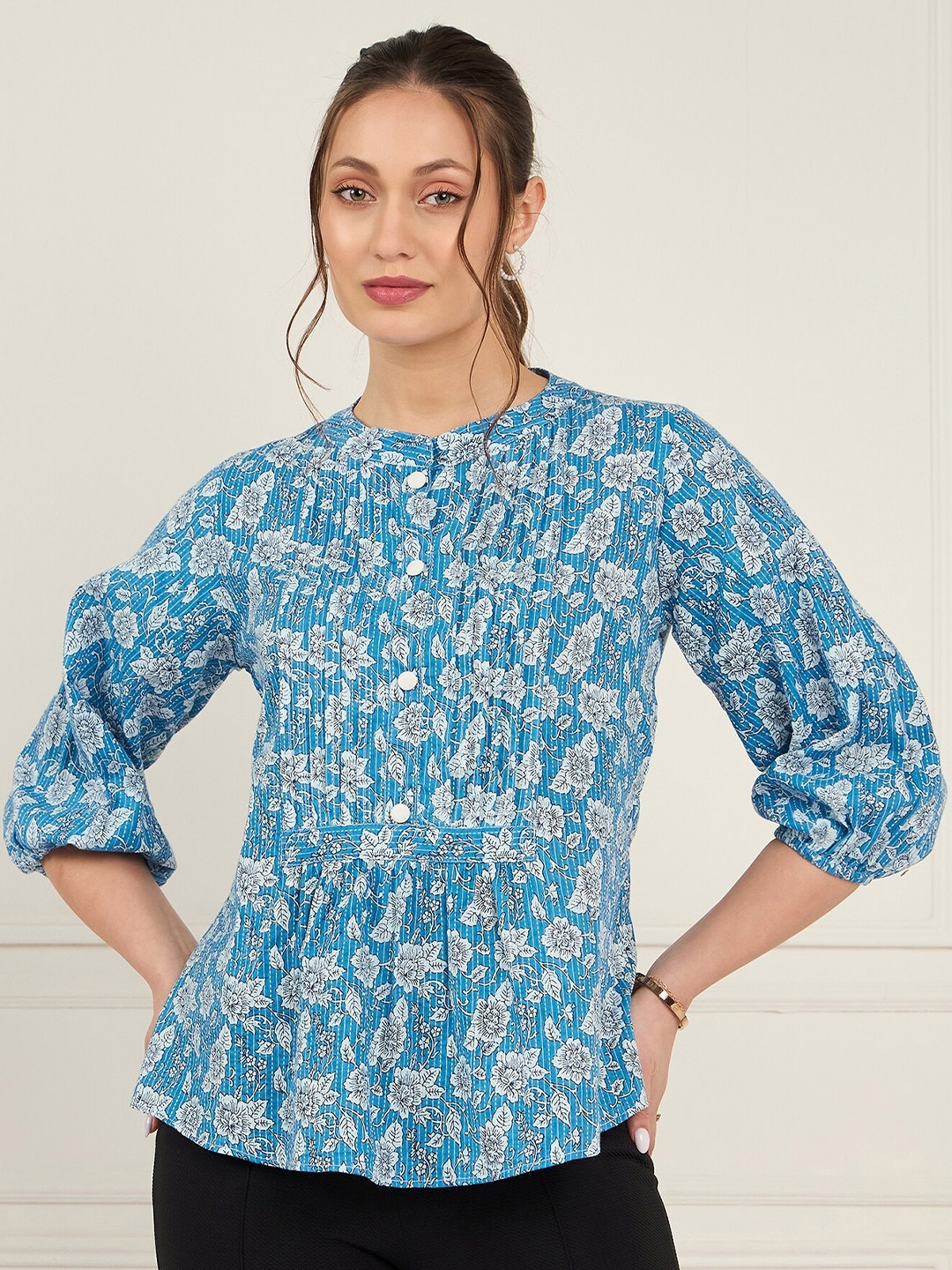 

Antheaa Floral Print Mandarin Collar Puff Sleeves Top, Blue