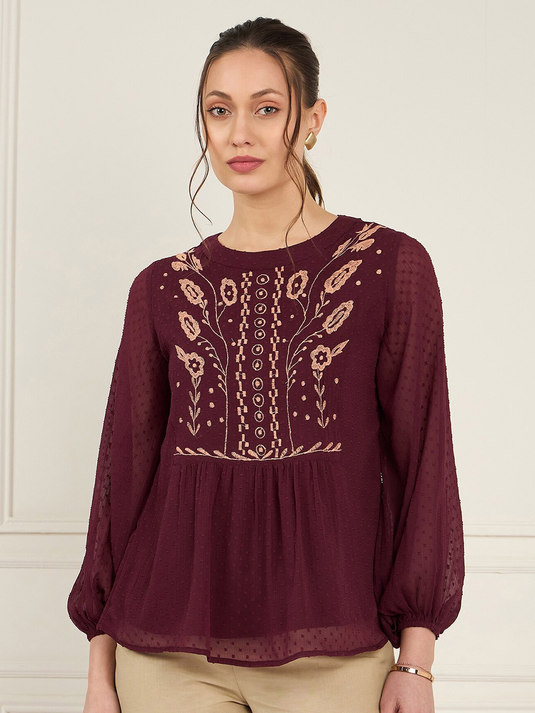 

Antheaa Self Designed Mandarin Collar Embroidered Chiffon Top, Maroon