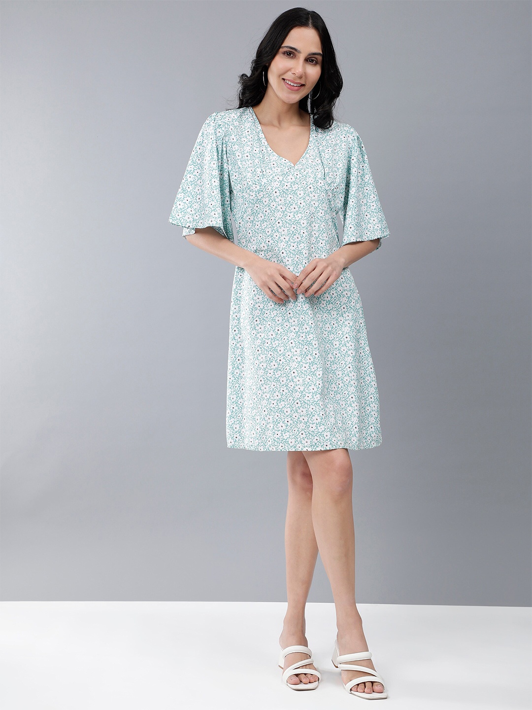 

HERE&NOW Blue Floral Printed Flared Sleeve A-Line Dress