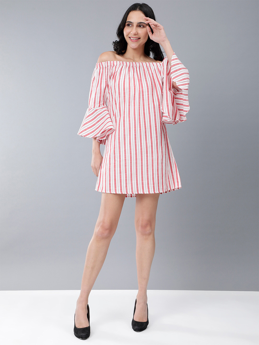 

HERE&NOW White Striped Off-Shoulder Bell Sleeve A-Line Dress