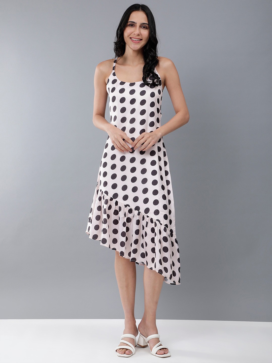 

HERE&NOW White Polka Dot Printed Asymmetric A-Line Midi Dress