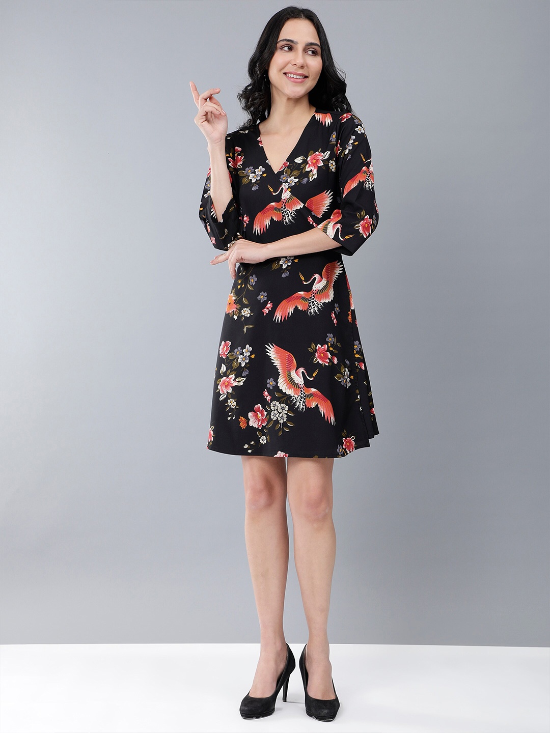 

HERE&NOW Black Floral Printed A-Line Dress