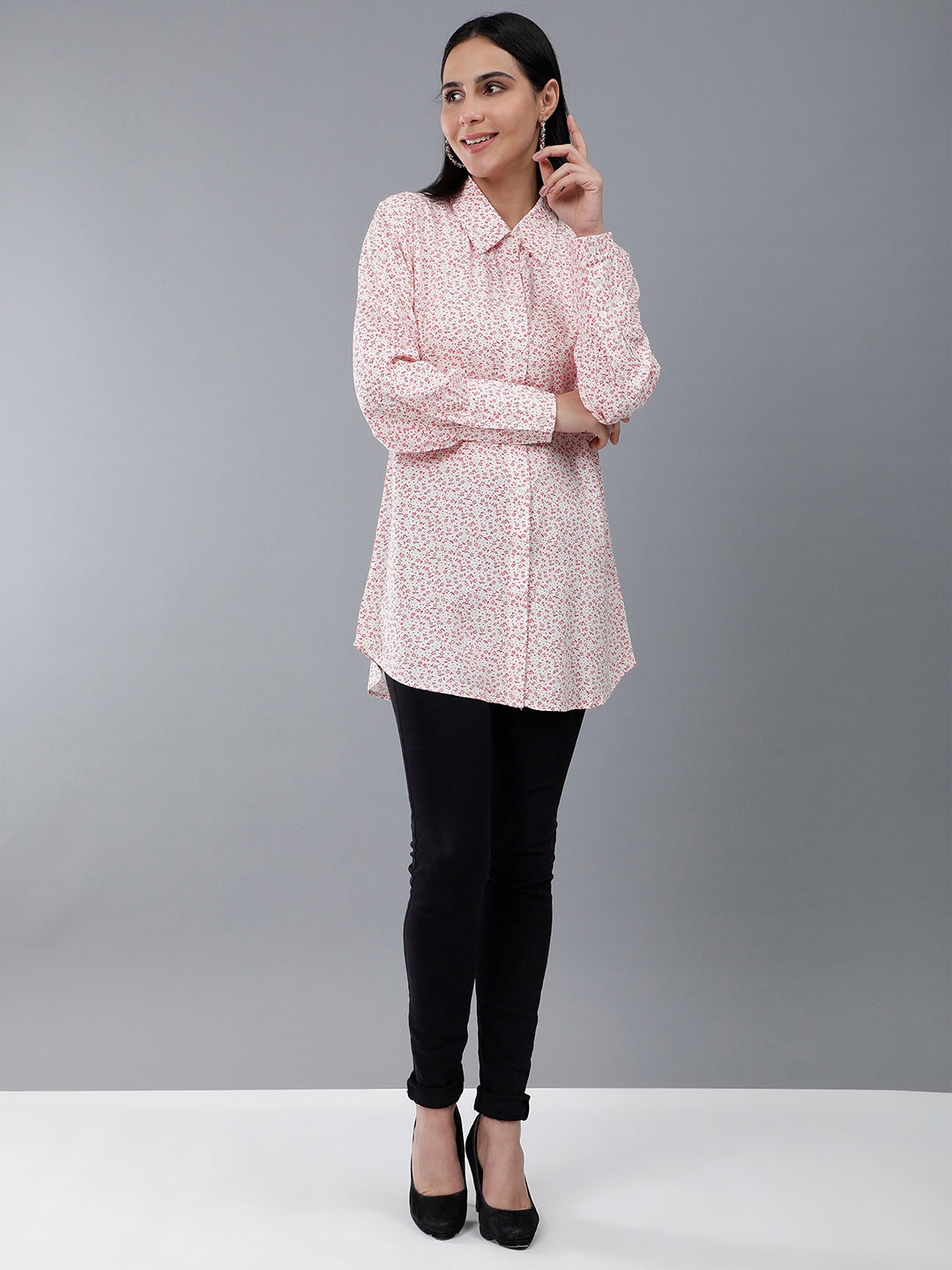 

HERE&NOW White Floral Printed Long Sleeves Longline Casual Shirt