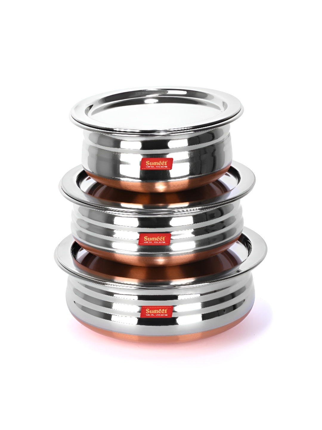 

Sumeet Silver-Toned 3 Pieces Stainless Steel Dishwasher Safe Cookware Set