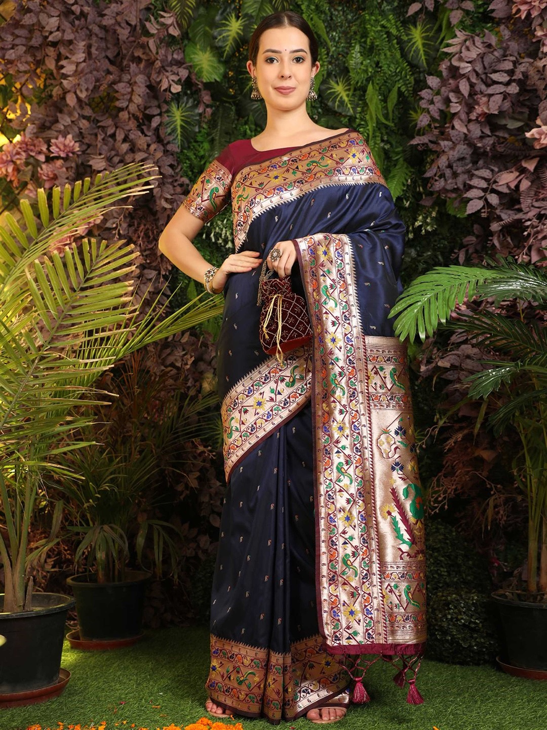 

Mitera Navy Blue Ethnic Motifs Woven Design Zari Paithani Saree