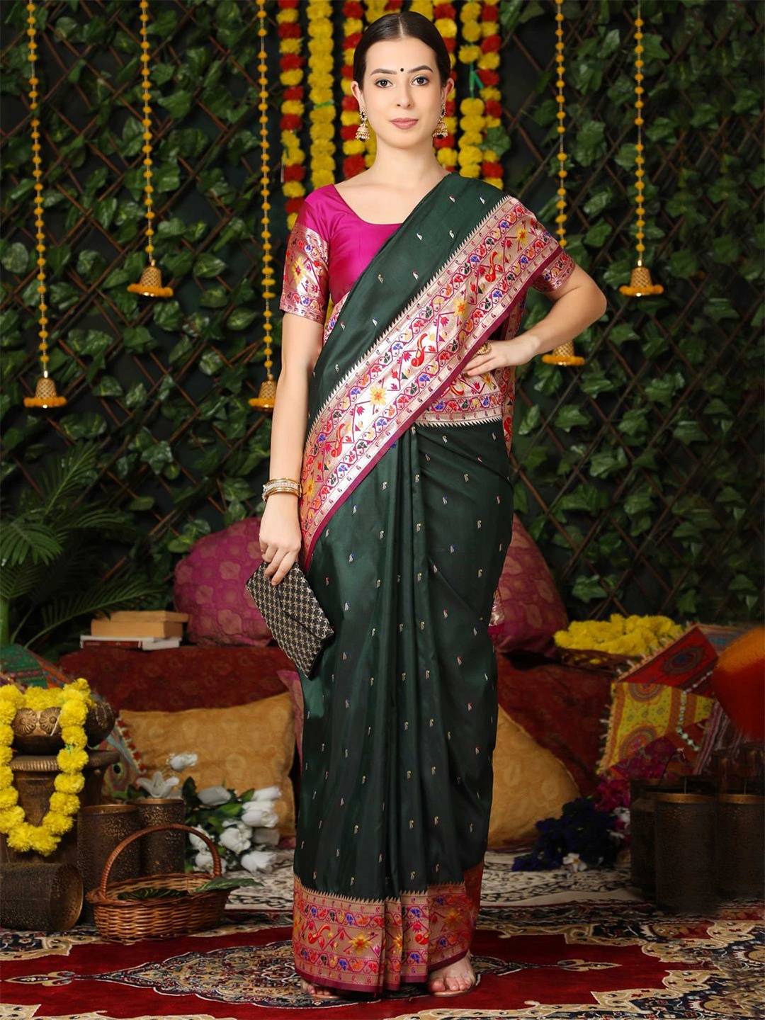 

Mitera Green Ethnic Motifs Woven Design Zari Paithani Saree