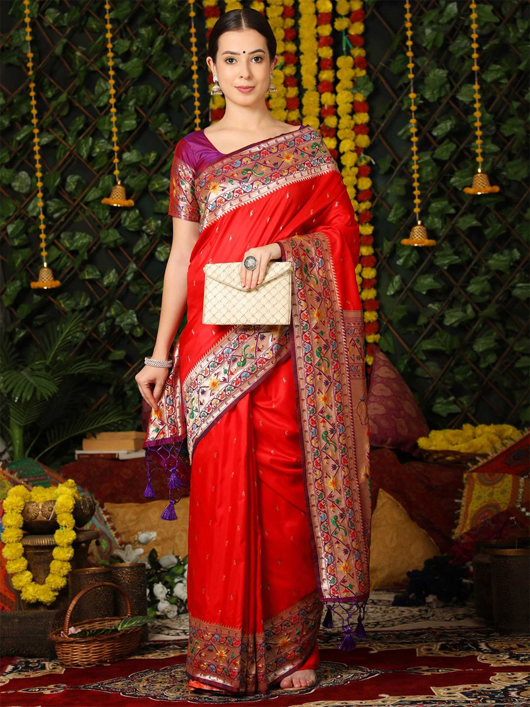 

Mitera Red Ethnic Motifs Woven Design Zari Paithani Saree