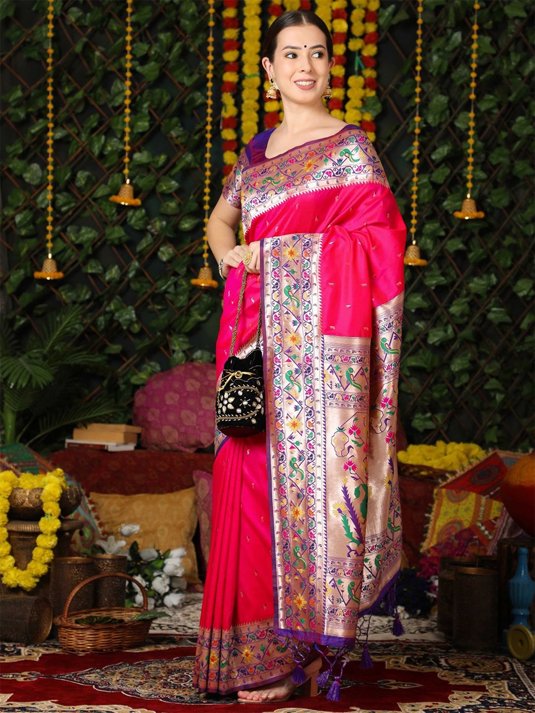 

Mitera Pink Ethnic Motifs Woven Design Zari Paithani Saree