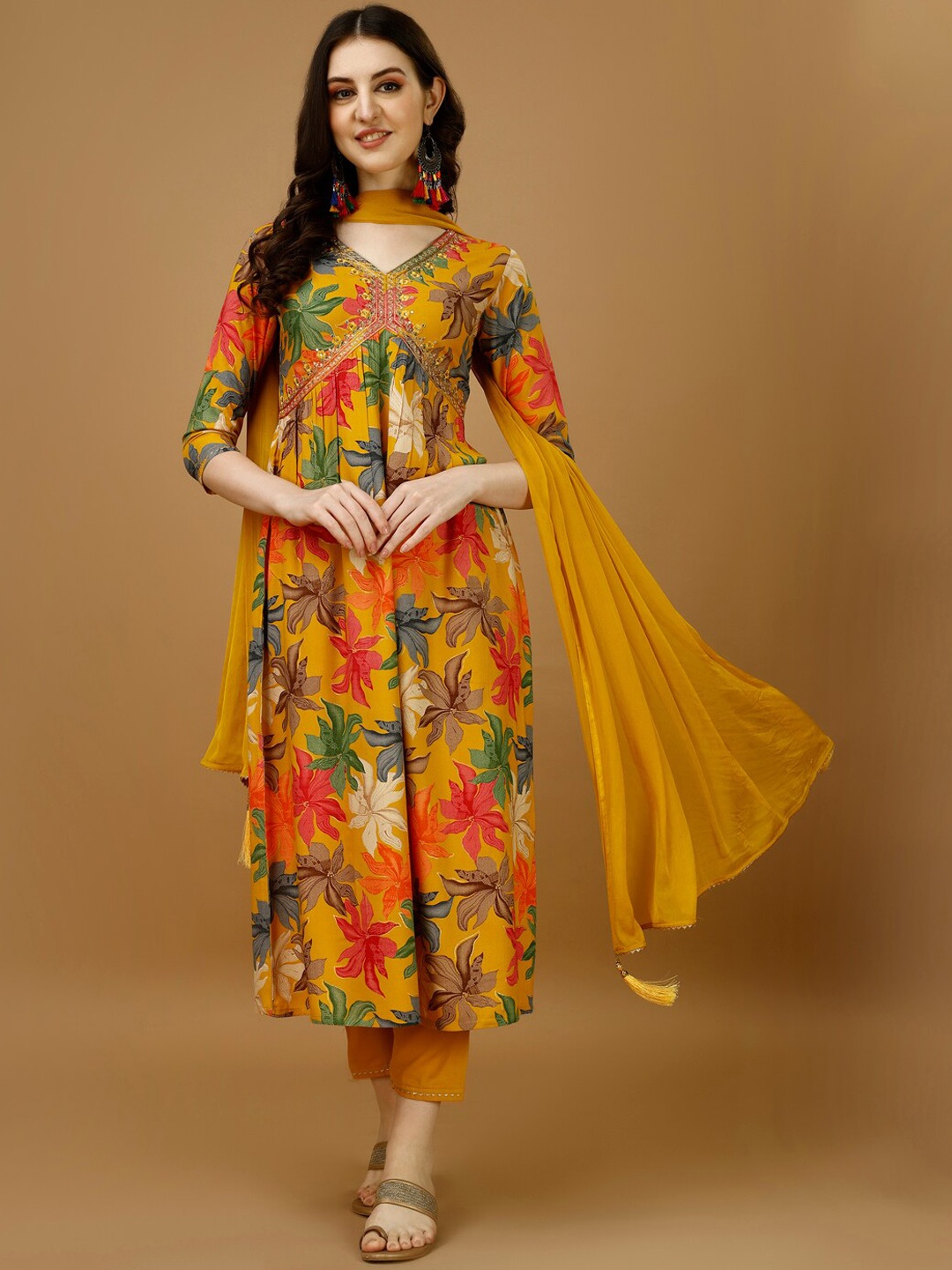 

KALINI Floral Printed Empire Thread Work Kurta with Trousers & With Dupatta, Mustard