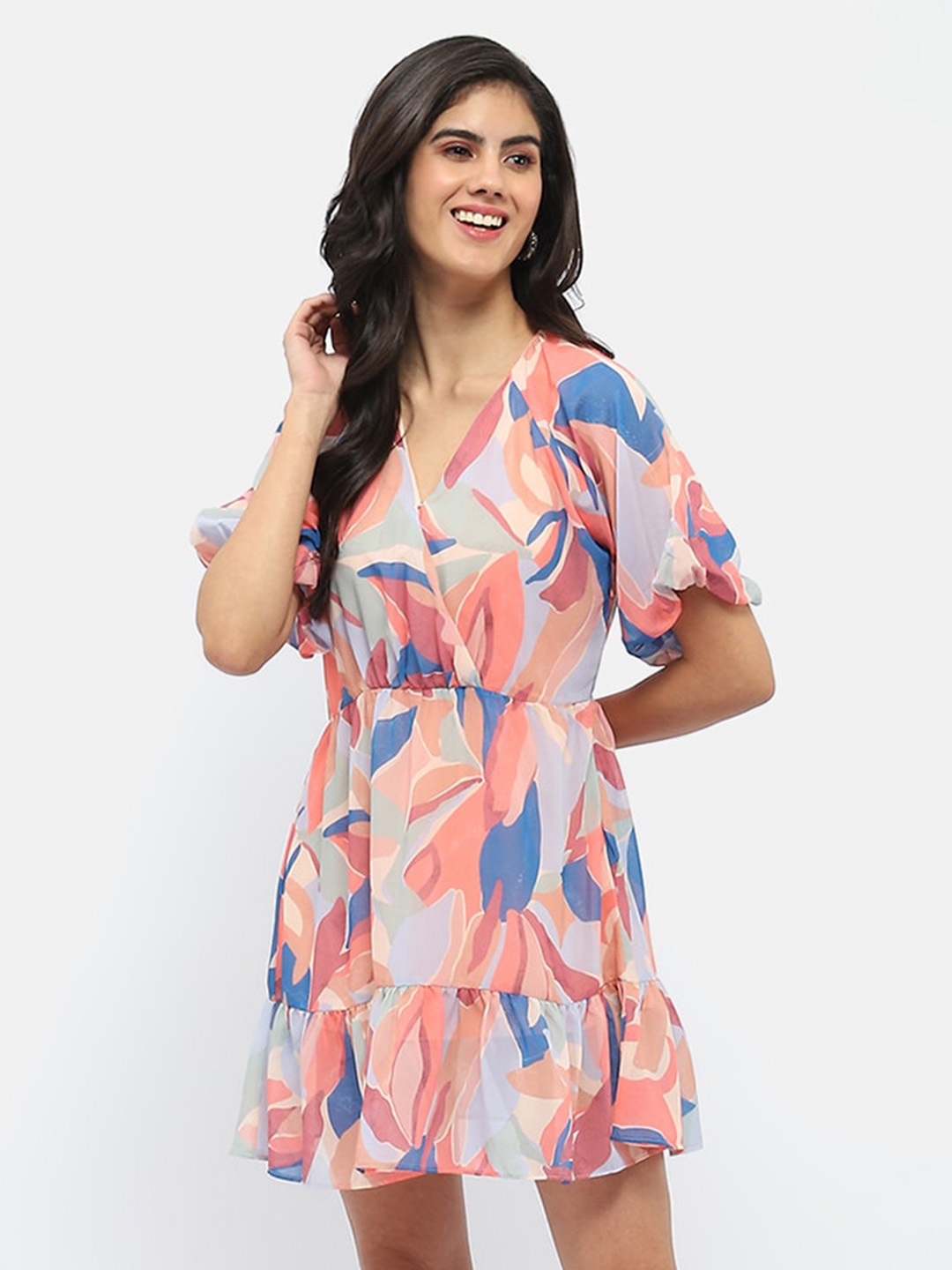 

Madame Floral Print V-Neck Flared Sleeve Fit & Flare Dress, Blue