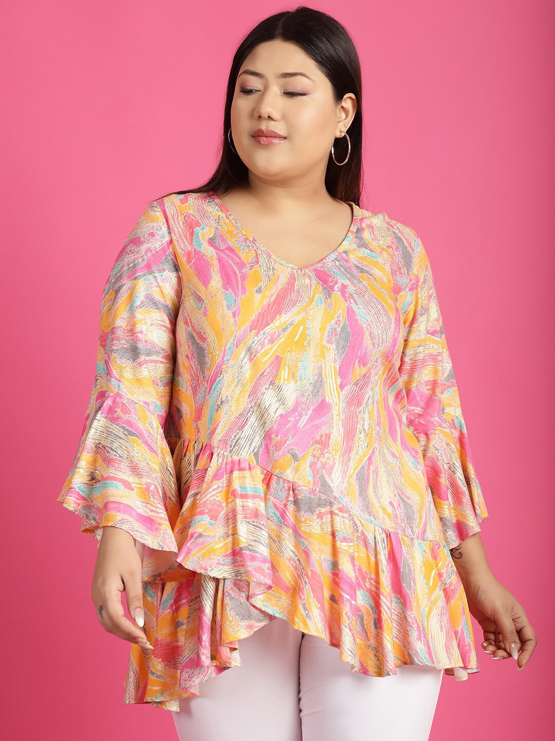 

theRebelinme Plus Size Abstract Printed V-Neck Flared Sleeve Ruffles Peplum Top, Pink