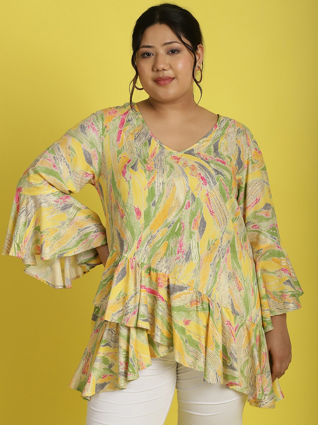 

theRebelinme Plus Size Floral Printed Bell Sleeve Ruffles Wrap Top, Yellow