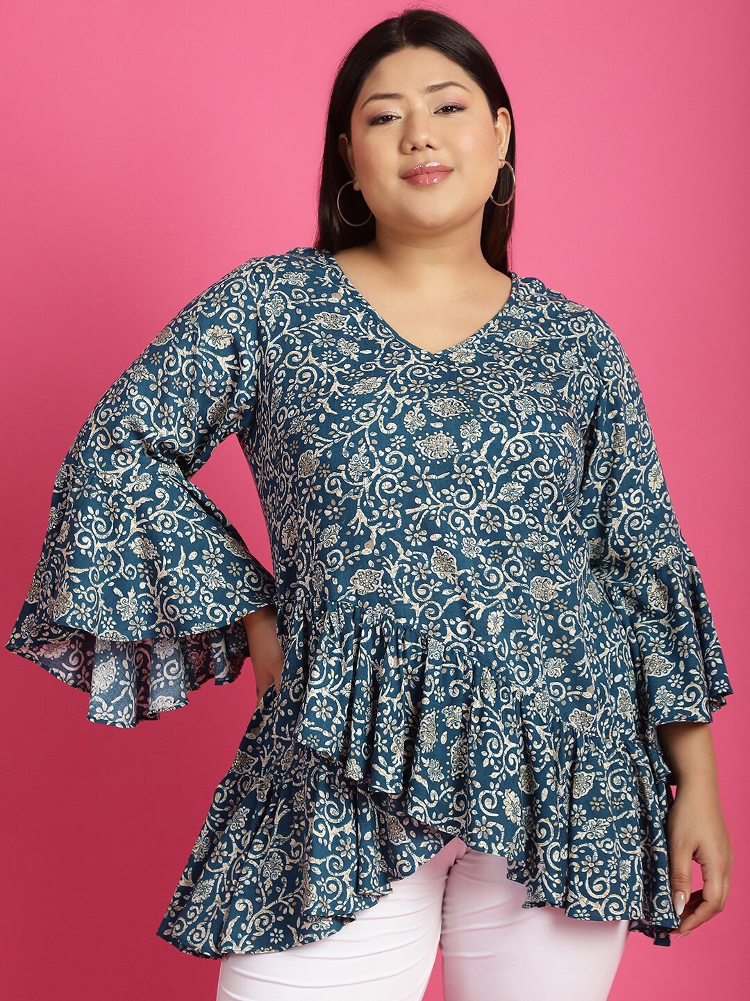 

theRebelinme Plus Size Floral Printed Bell Sleeve Ruffles Peplum Top, Teal