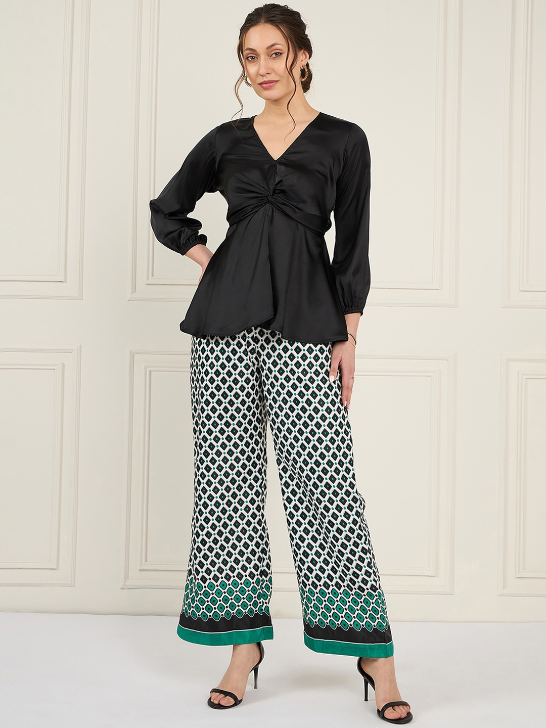 

Antheaa Black V-Neck Puff Sleeves Satin Top With Printed Palazzos