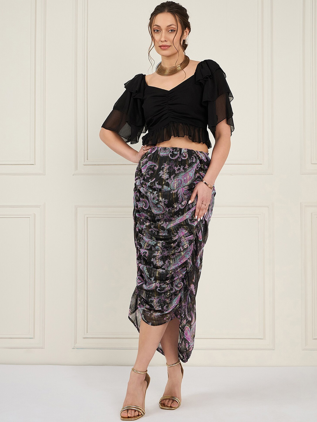 

Antheaa Sweetheart Neck Crop Top With Printed Ruched Skirt, Black