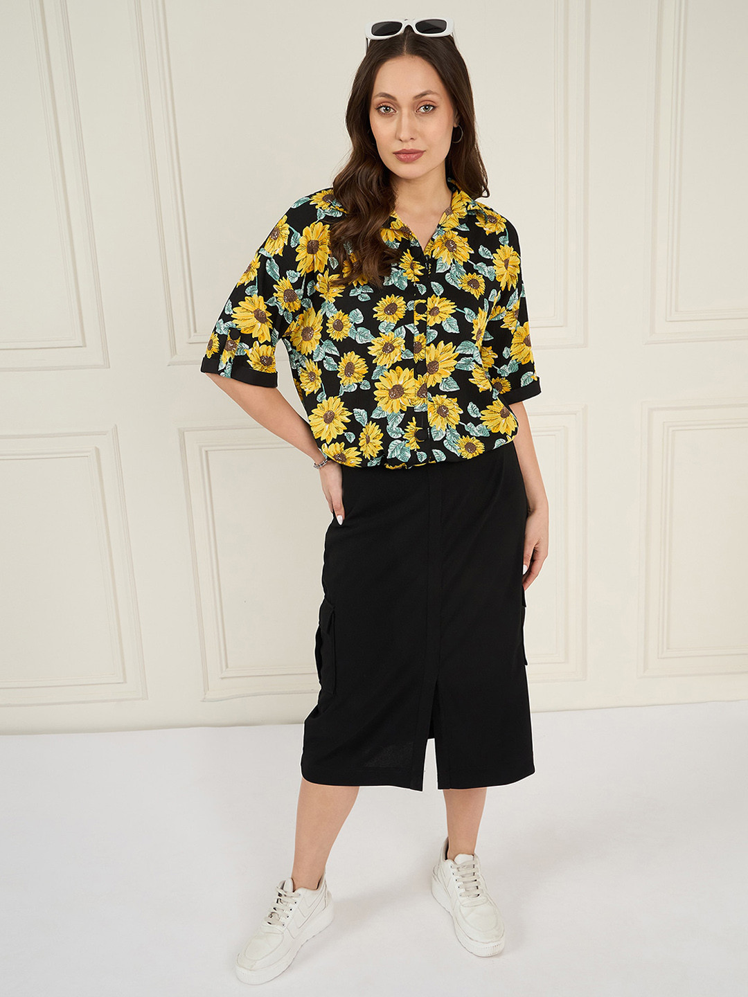 

Antheaa Black Floral Printed Shirt With Flared Slit Skirt