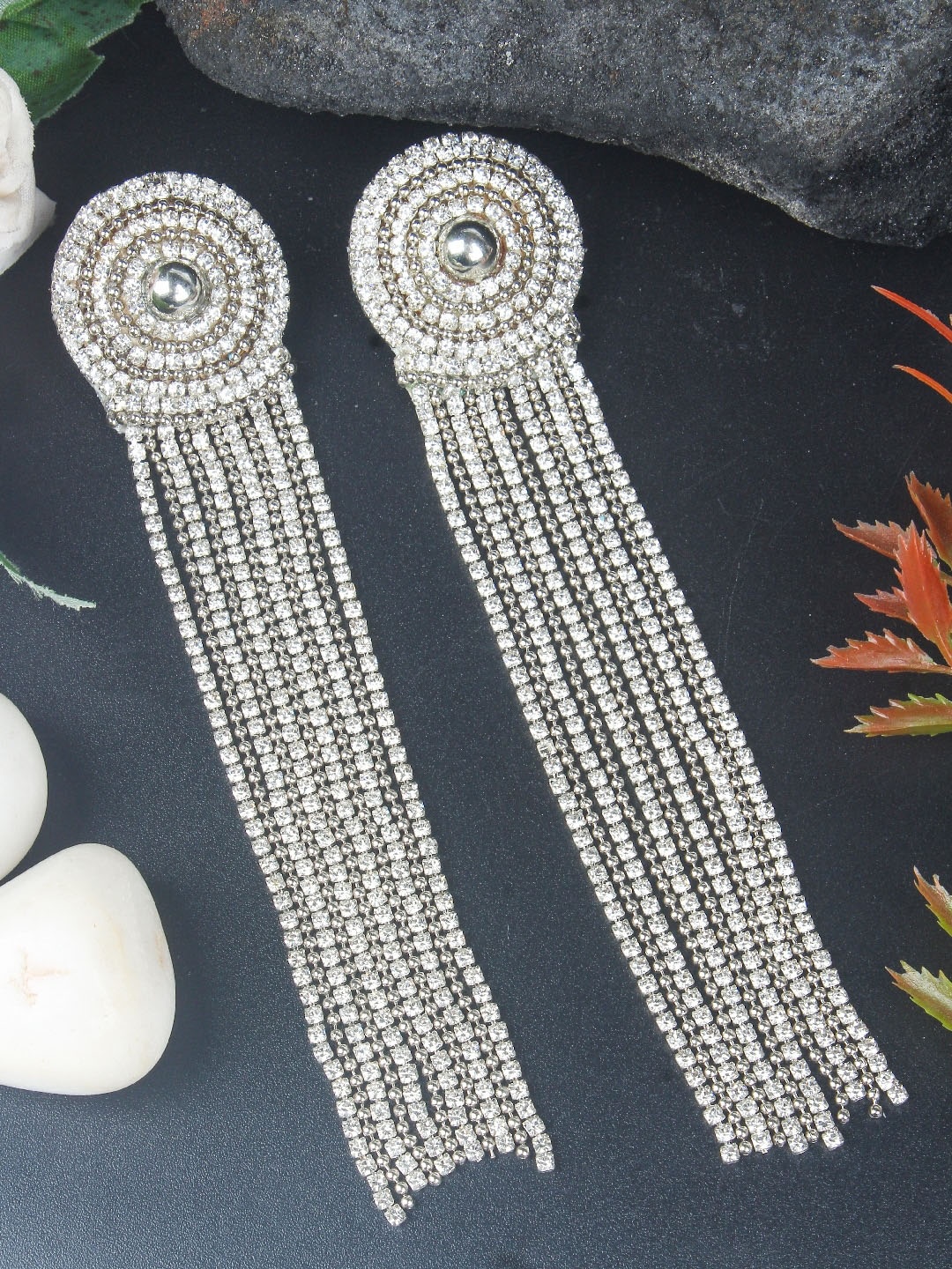 

DressBerry White Stone Studded Silver-Plated Contemporary Chandelier Drop Earrings