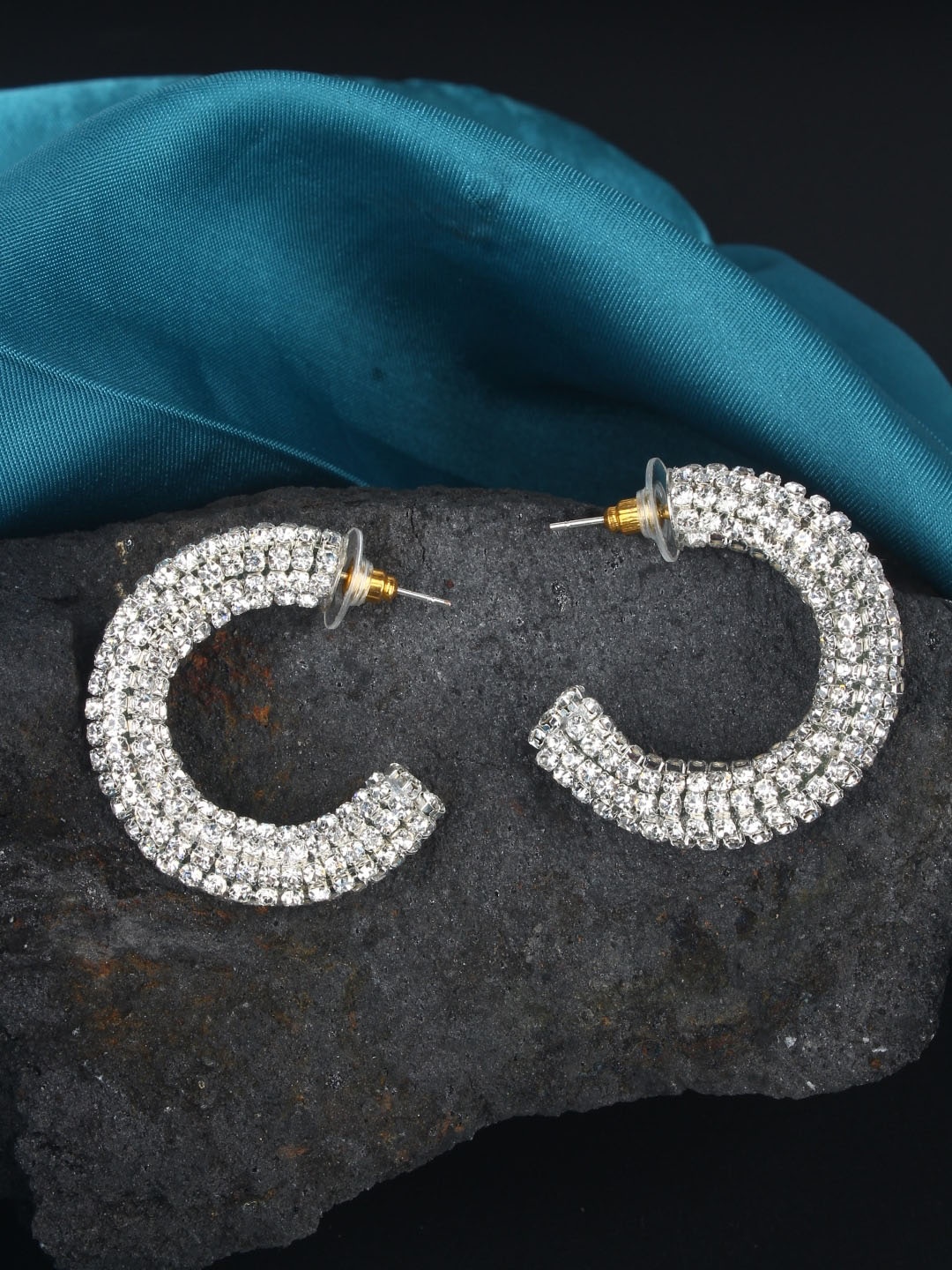 

DressBerry Silver-Plated Contemporary Rhinestone Half Hoop Earrings